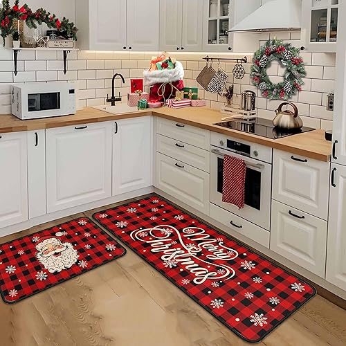 Miniatura 7 de Juego de 2 alfombras y tapetes de cocina de Navidad, decoraciones de Navidad para el hogar, con parte trasera antideslizante, tapete de cocina de