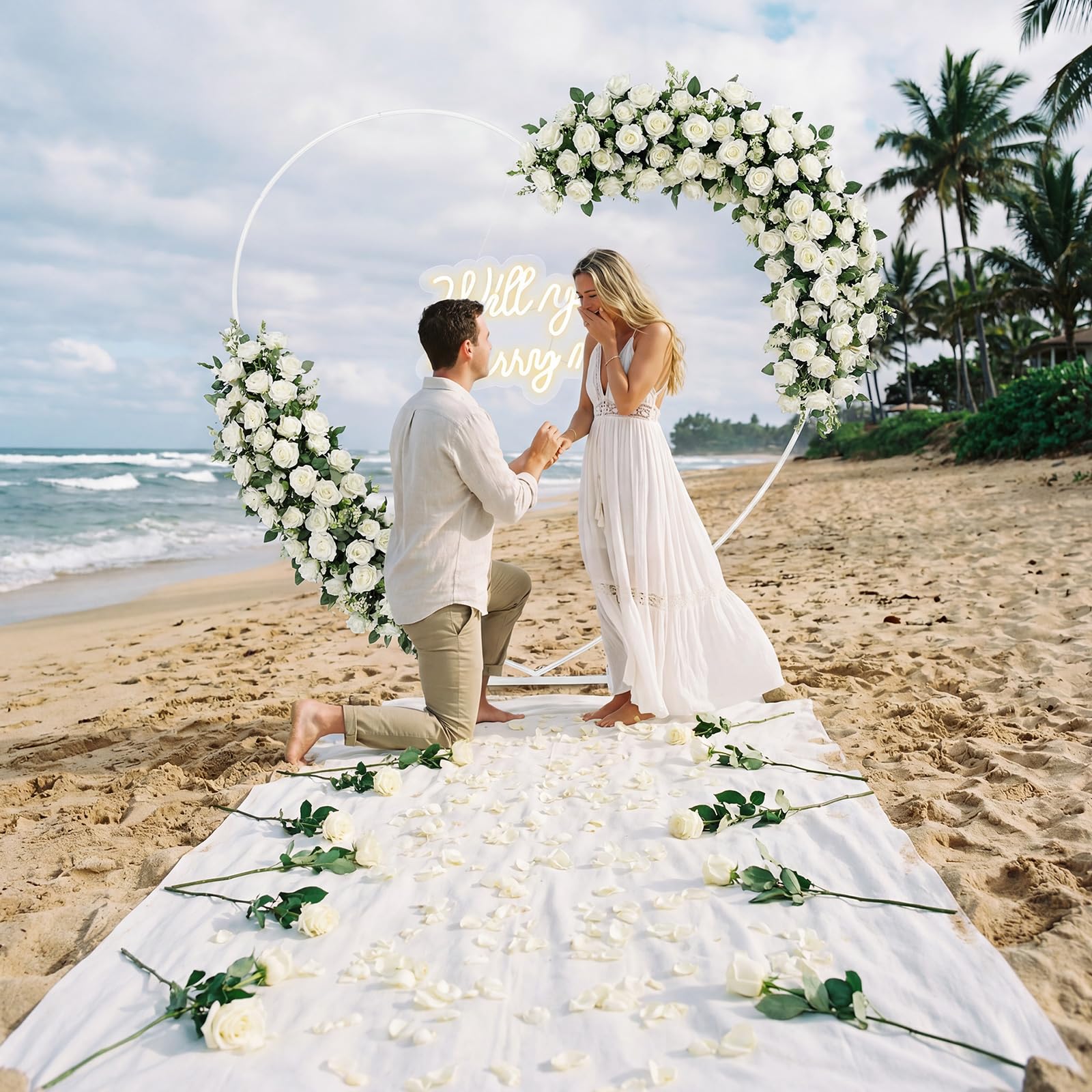 Breling 2 m großer Metall-Herzbogen mit Ständer und "Will You Marry Me", LED-Neonlicht-Schild, Hintergrund für Outdoor-Antrag, Hochzeit, Verlobung, Braut, Valentinstag und Geburtstag, Party-Dekoration