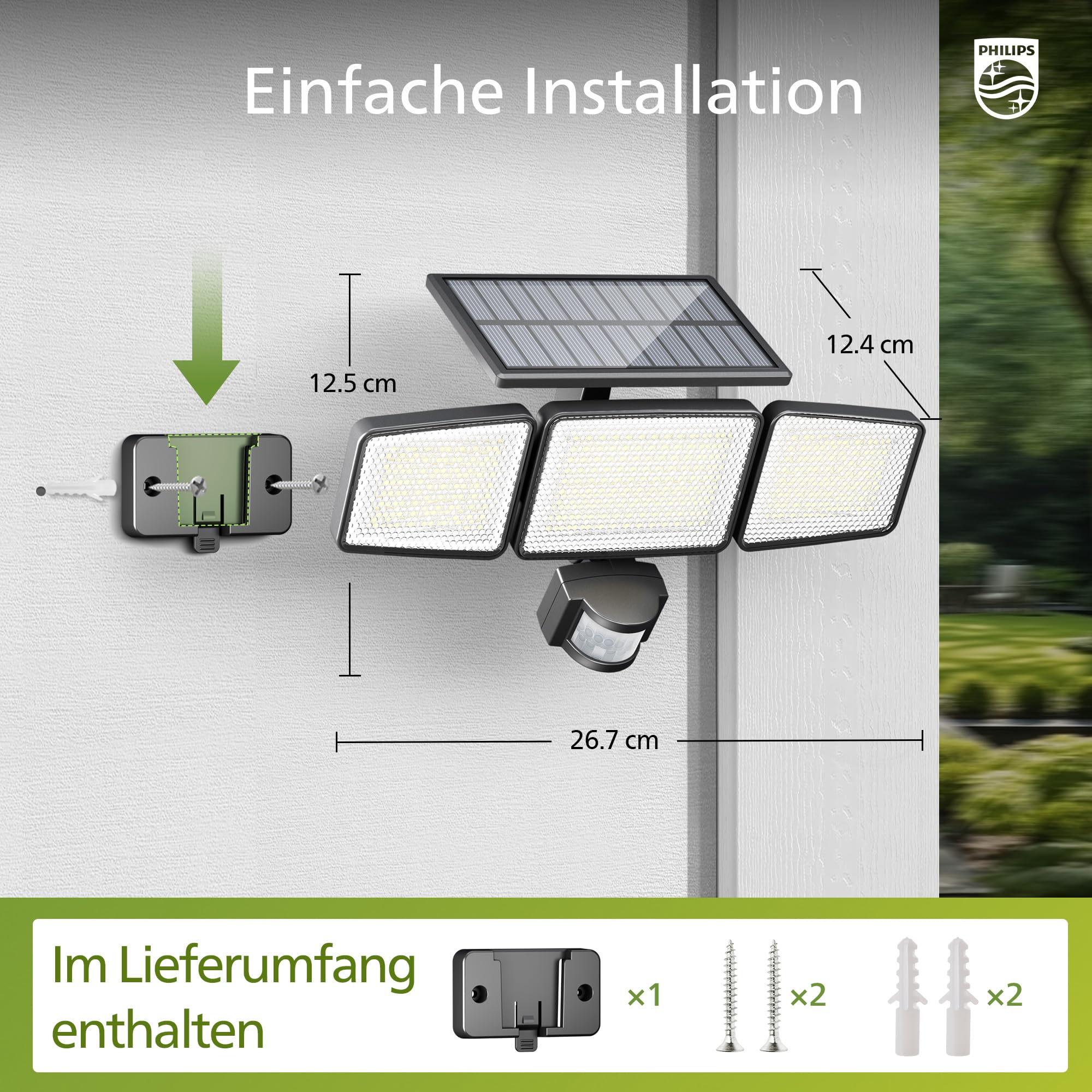 Philips Solarlampen für Außen mit Bewegungsmelder, 302 LEDs 1200 Lumen, Solarbetriebene Wasserdichte Wandfluter, 3 Köpfe, IP65 Wasserdicht, 3 Modi (2 Stück)
