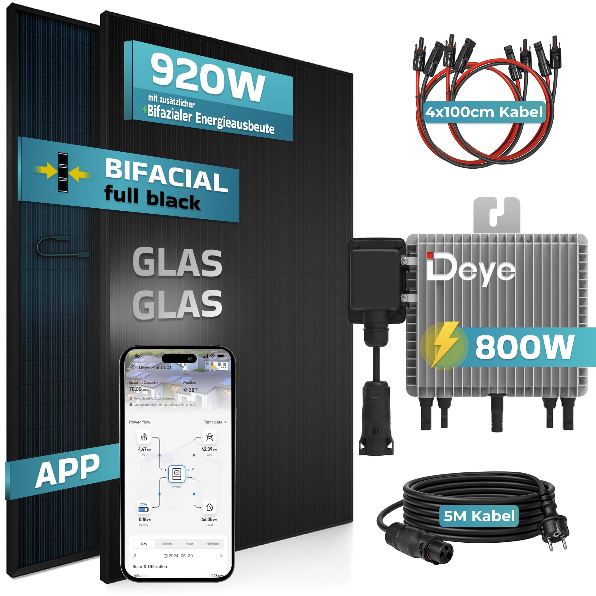 SUNNIVA® 920W Balkonkraftwerk BIFAZIAL FULLBLACK komplett Steckdose DEYE 800W Wechselrichter, PV Solaranlage, 2x 460W Glas Solarmodule, inkl. 5m Kabel, Bluetooth WIFI, Komplettset