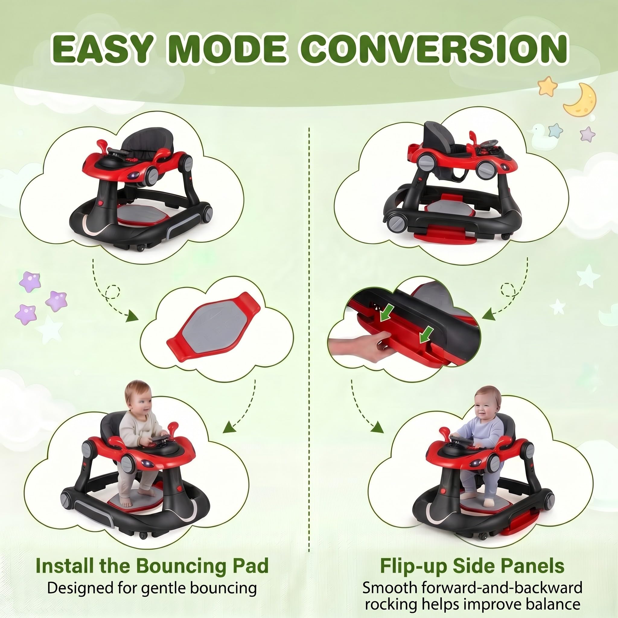 LIFEZEAL Lauflernwagen mit Sonnenschirm, 6-in-1 Lauflernhilfe Gehhilfe Baby mit Licht, Musik, Spielecenter & Tablett, Baby Walker mit einstellbarer Höhe & Geschwindigkeit, ab 7-18 Monate (Rot)
