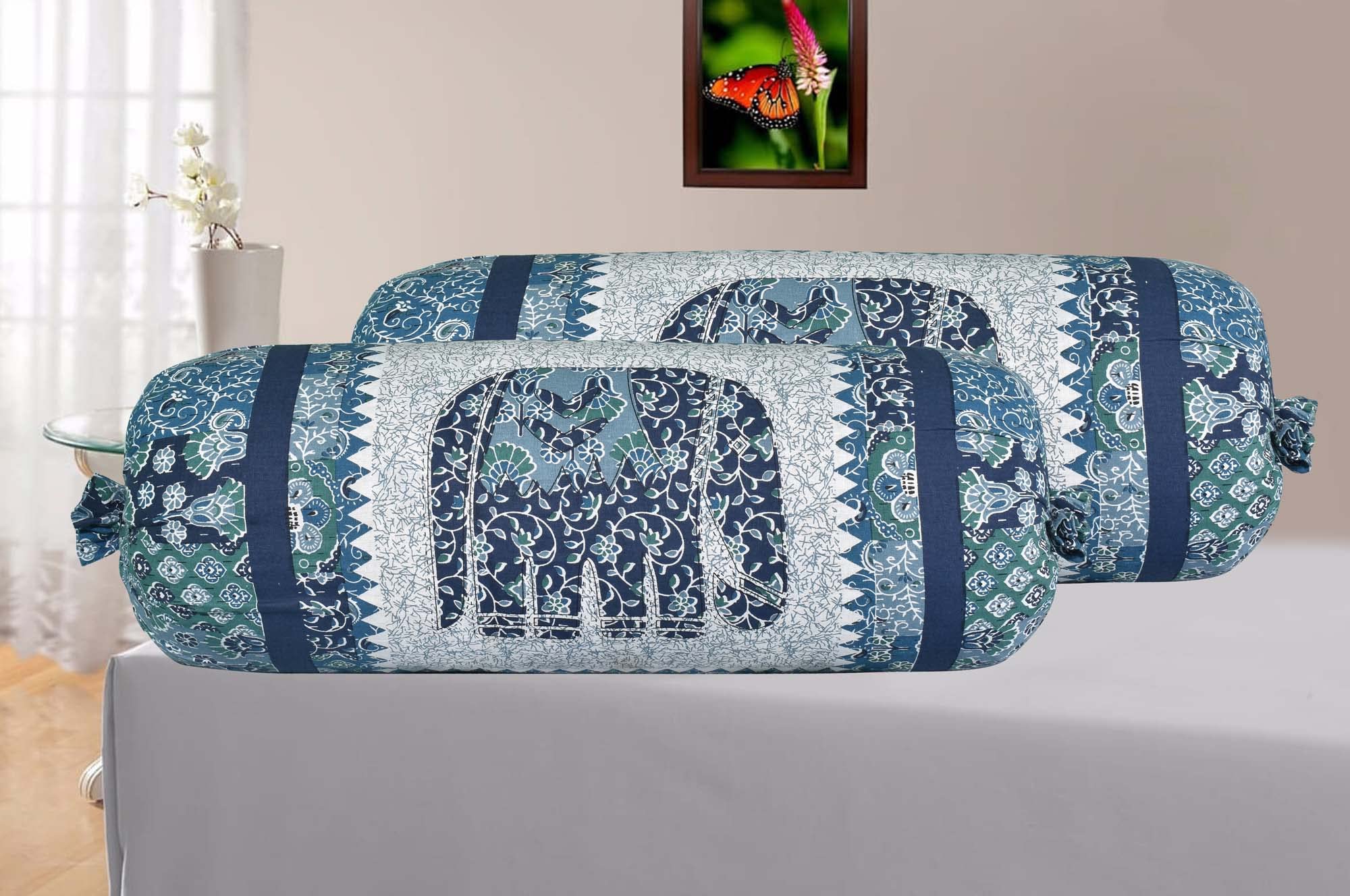 AMLEXTTRIZ Barmeri Elephant Print Bolster Cover 100% Cotton Set of 2 | Round Decorative Pillow Cover for Diwan | Bed Side Long Pillow Case | | Masand Pillowcases (16x32 Inch) (DARKBLUE)-image-0
