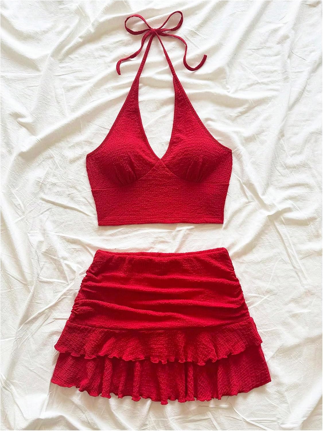 SweatyRocks Women's 2 Piece Outfits Halter Top Backless Cami Crop Top and Layered Ruffled Mini Skirts Set - Image 2