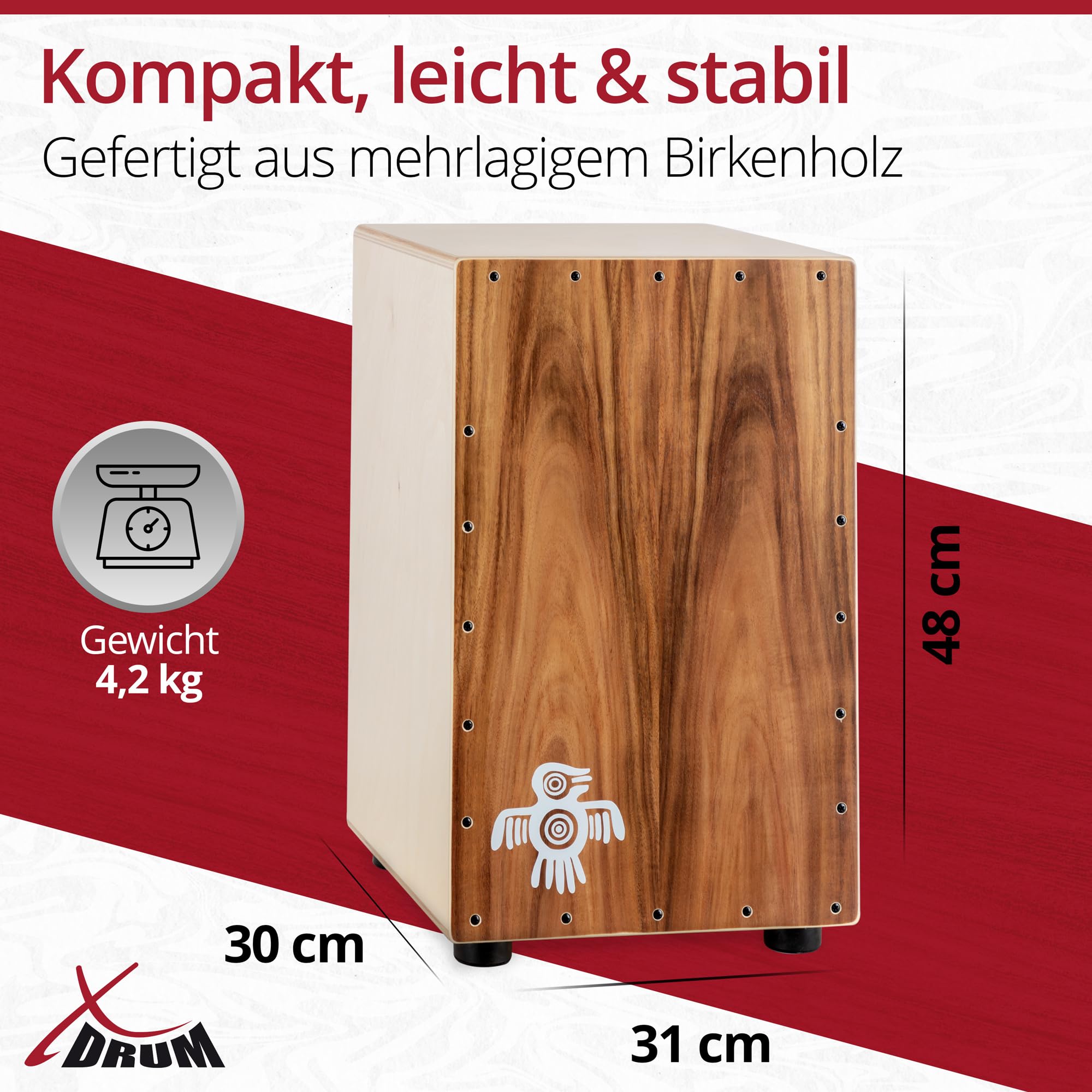 XDrum PERC CP-483 Cajon Peruana Koa Set (Set inkl. Cajon mit Birken-Korpus & Snareeffekt, passende Rucksack-Tasche für sicheren Transport & Aufbewahrung und Cajonschule für Einsteiger)