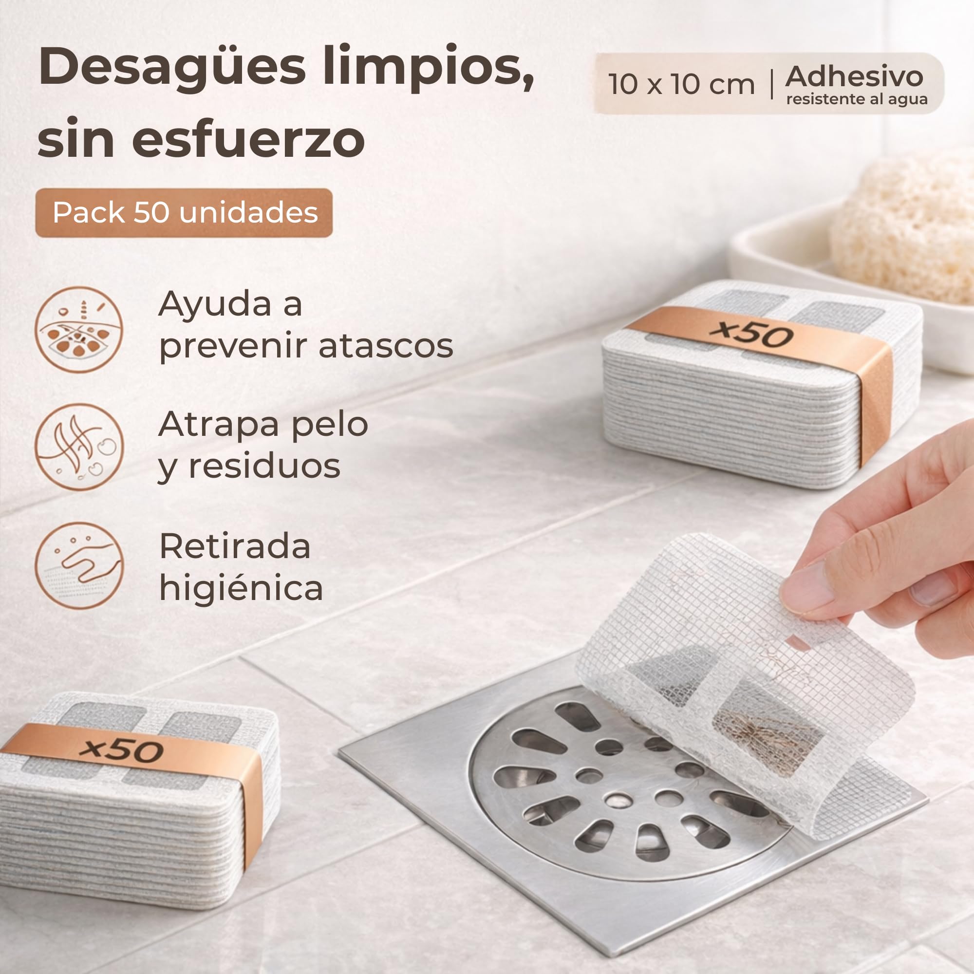 Rejilla Desague Ducha (50 Piezas) | Atrapa Pelos Ducha Adhesivo 10x10 cm | Filtro Desague Ducha Antipelos Desechable | Evita Atascos en Baño