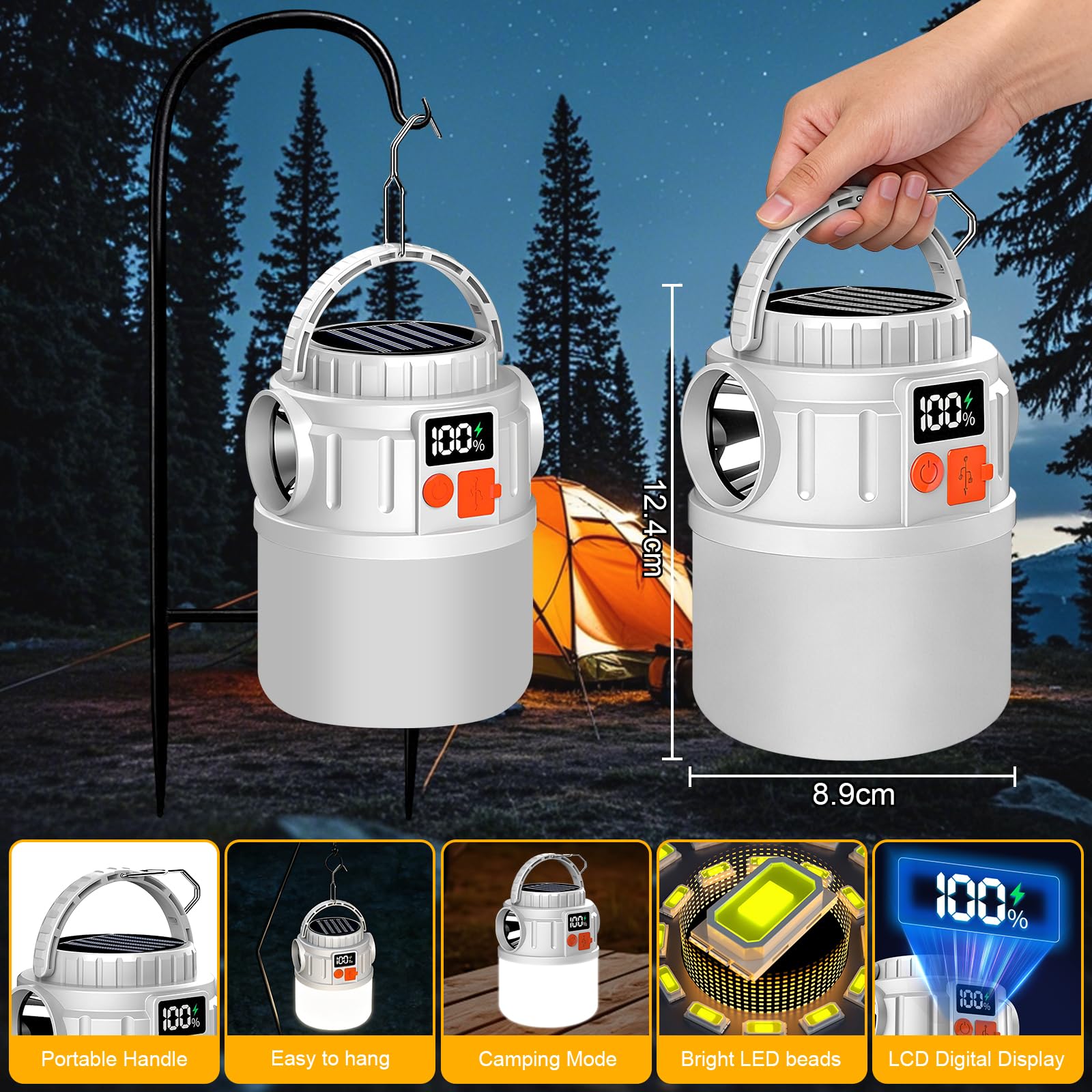 Lanterne Solaire de Camping, Lampe Camping Rechargeable Solaire pour Eclairage Extéieur, Portable Lampe de Camping Imperméables IP54, pour Camping,Excursions, Secours, Pêche, Cave