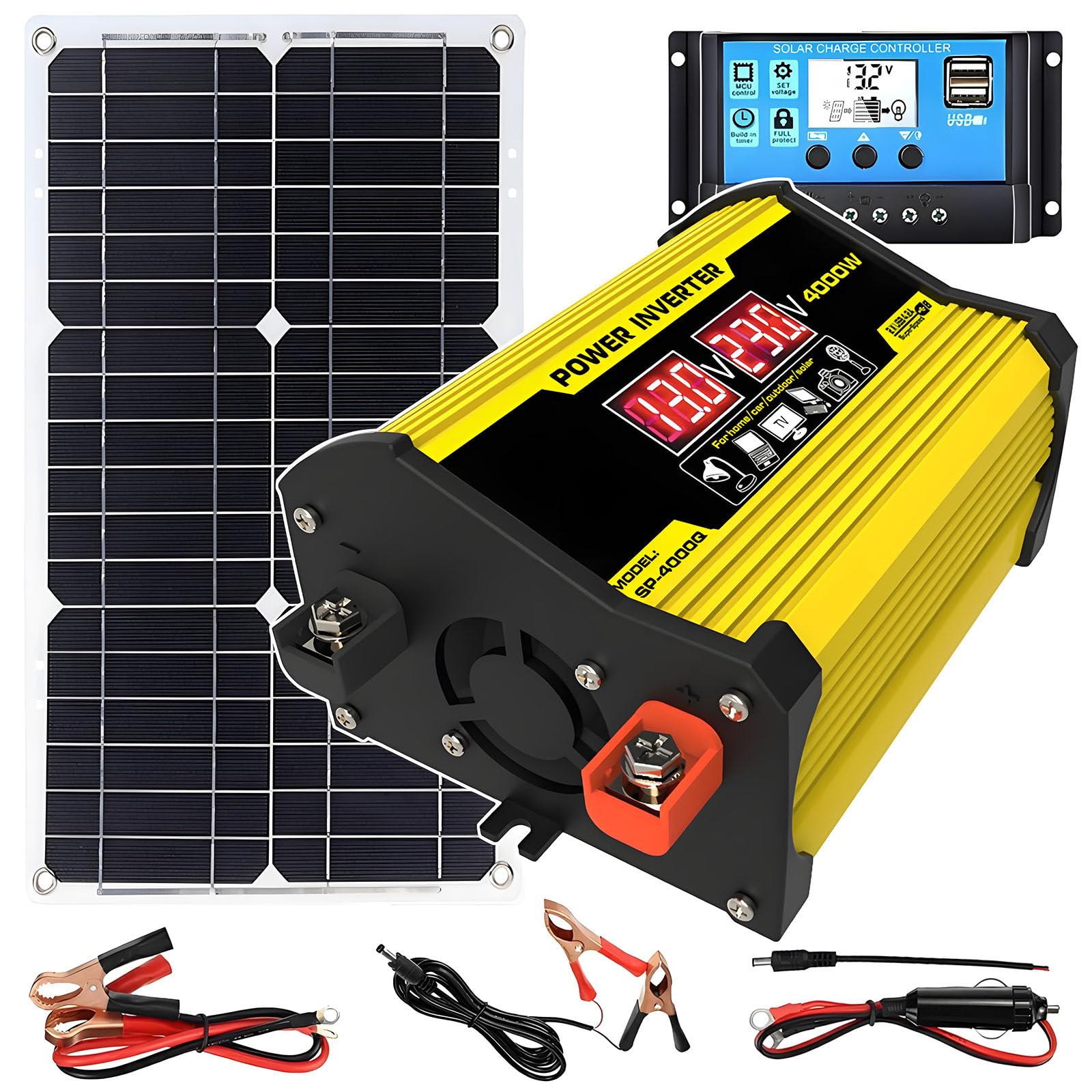 Kit Completo di Pannello Solare con Inverter da 400W/Regolatore di Carica Solare da 30A/Pannelli Solari da 18W, per Uso Esterno in Auto, Camper E Barche Black-220V