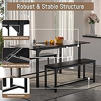 Vista 4 de Juego de mesa de comedor de 63 pulgadas para 4-8, juego de mesa de cocina extensible de 3 piezas con 2 bancos, marco de metal y tabla de madera