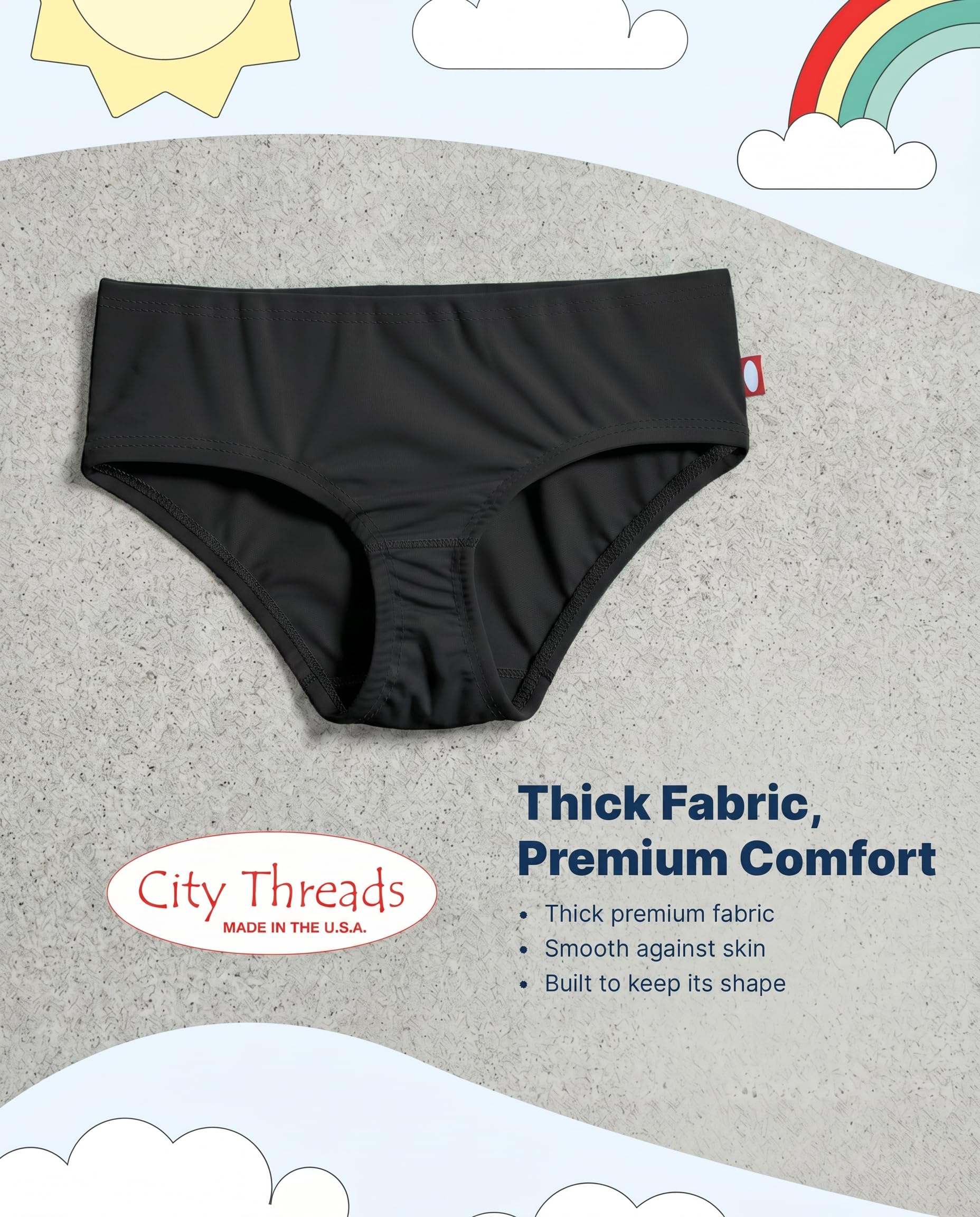 City Threads Girls Swim Bikini Bottom - UPF 50+ Sun Protection, Soft, Comfortable, Durable - Made in USA - Black with Matching Stitch, 6