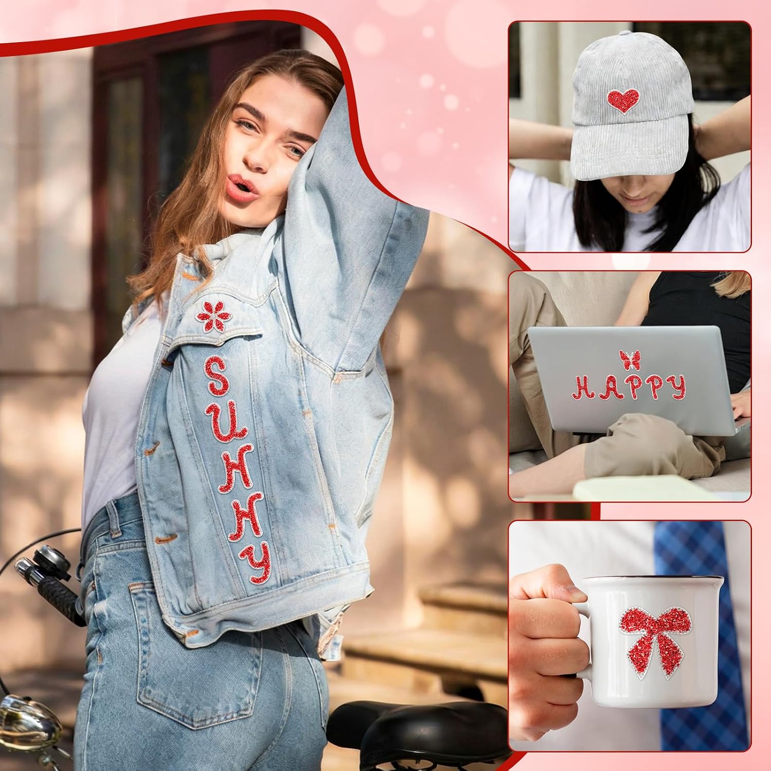 82 PCS Rhinestones Letter Patches Alphabet A-Z, Self Adhesive Number Patch 0-9 Glitter Stickers, Bling Star Butterfly Flower Iron on Letters for Clothing Bags Hats DIY Works(Red)
