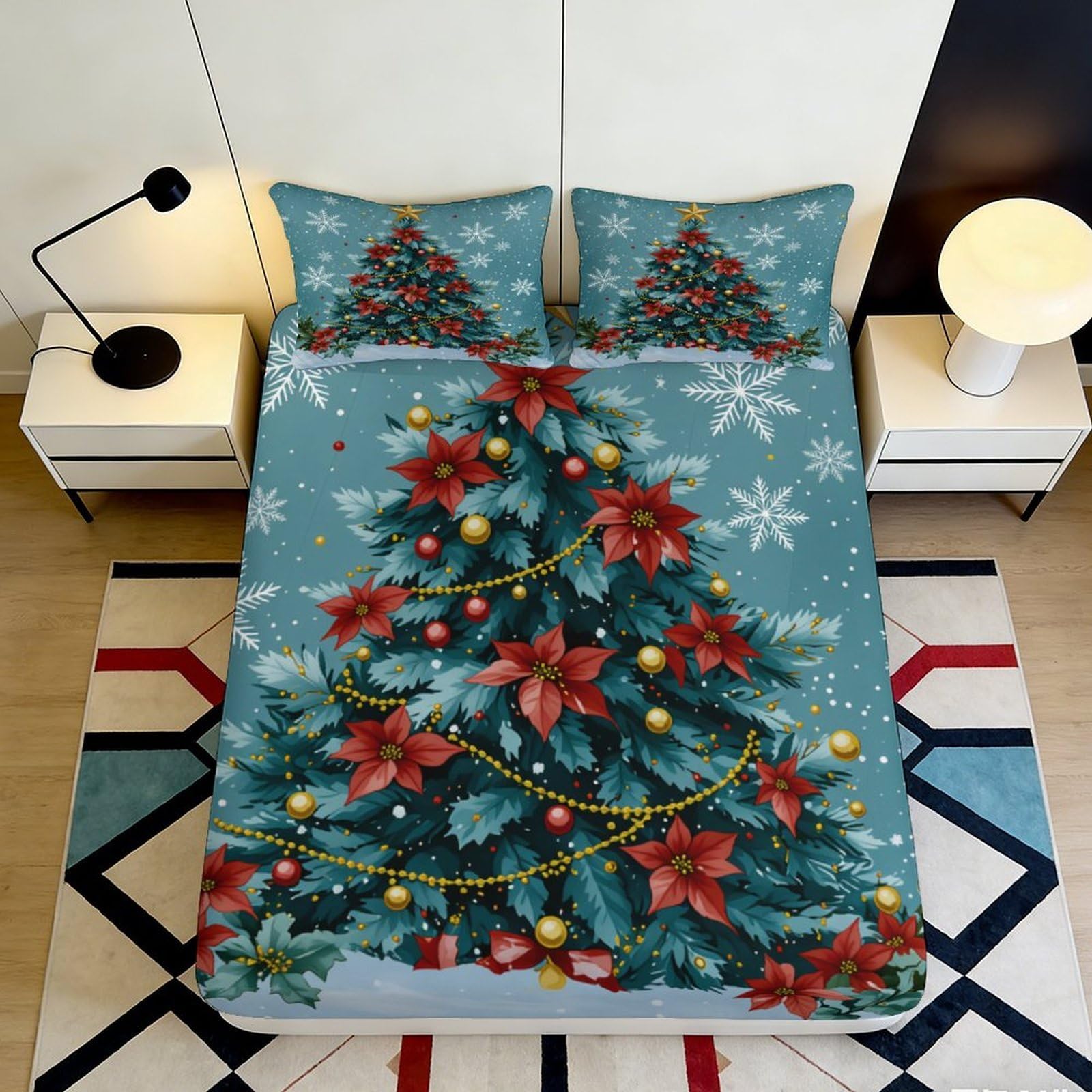 3D Printed Christmas Tree Fitted Sheet Microfiber Soft Breathable Poinsettia Bed Cover with Snowflake Pattern Mattress Cover for Bedroom Dormitory Guest Room 140x200x25cm