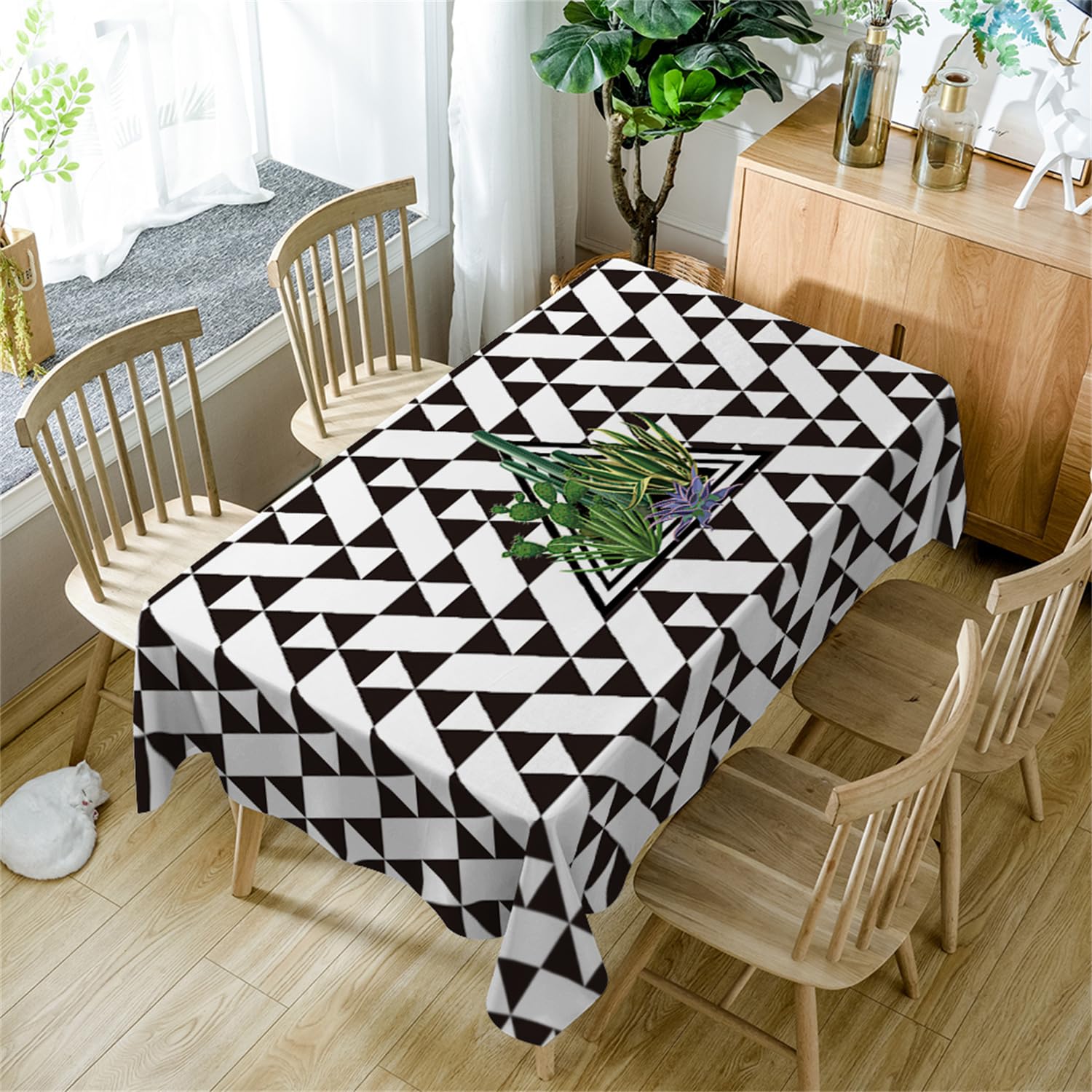 Mantel Antimanchas 240x140 Planta Negra Triangular Mantel Tela Poliéster Impermeable Lavable Manteles de Mesa Rectangular para Interior y Exterior Casa Comedor Cocina Fiesta