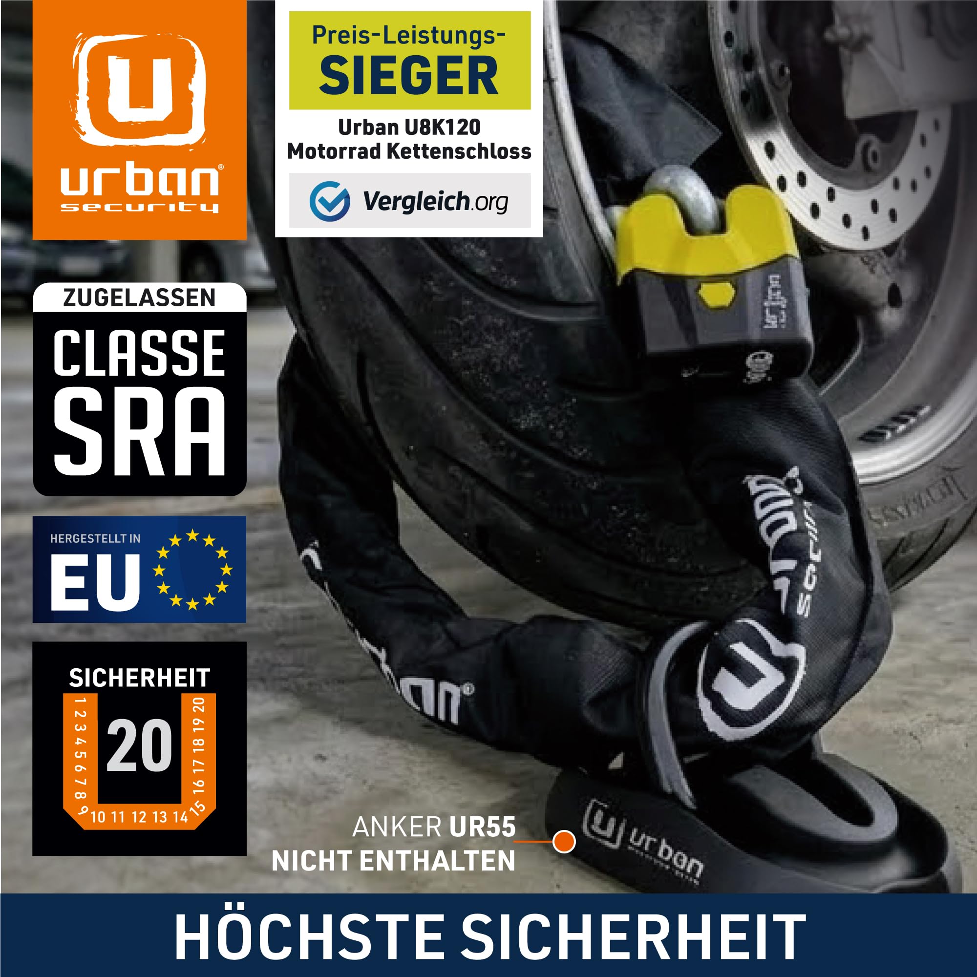 URBAN U8K120 Kettenschloss Motorrad Motorradschloss Vorhängeschloss und Kette, Sicherheit 20/20 mit Zulassung SRA, Gehärteter Stahl, Glieder 15mm Durchmesser, Sicherheitsschloss Motorrad, 120cm