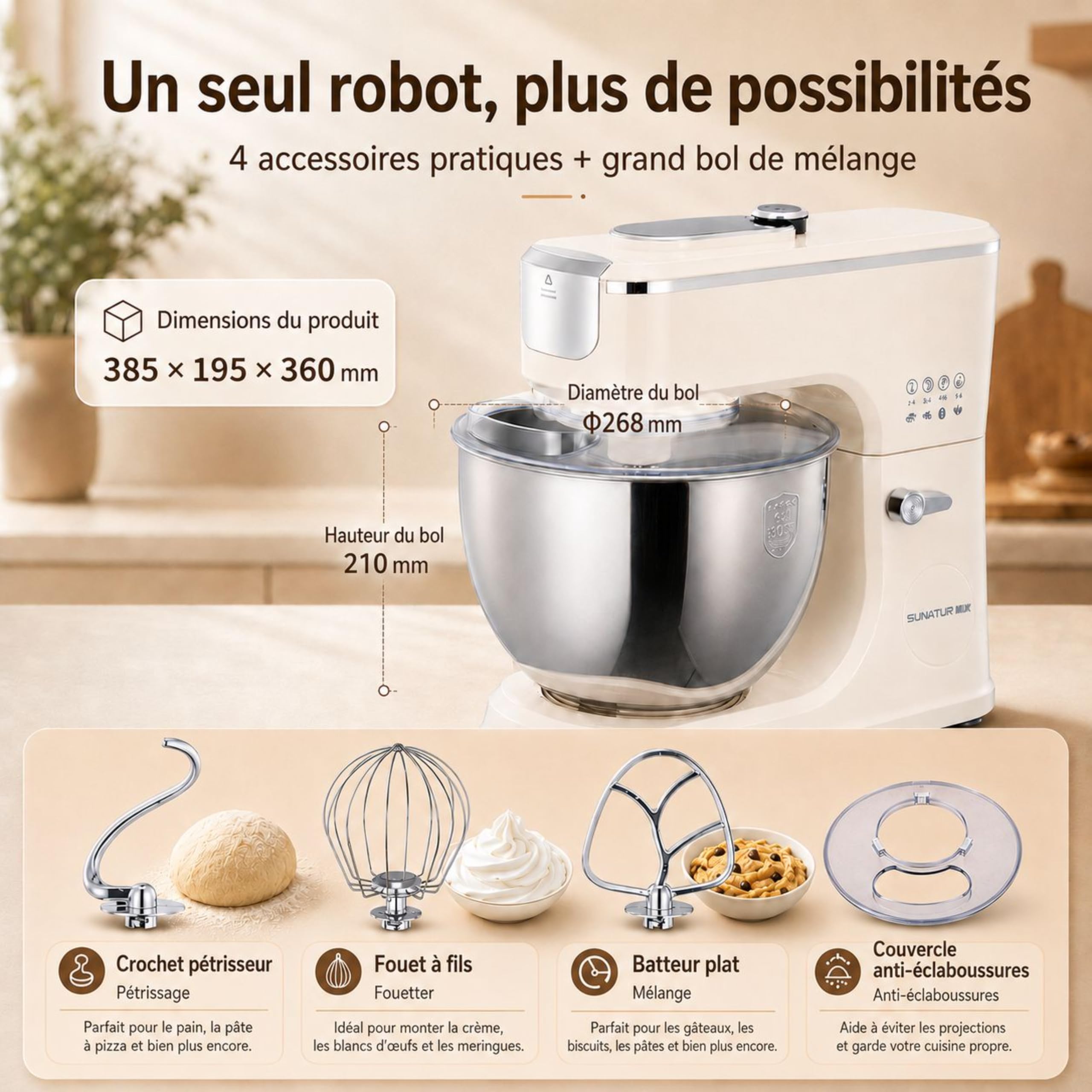 Robot pâtissier 2000W,8L,grande capacité,minuterie,commande intelligente à11vitesses, écran numérique,mode fermentation,5fonctions préréglées,4accessoires,ventouses,démarrage en un clic Pétrin