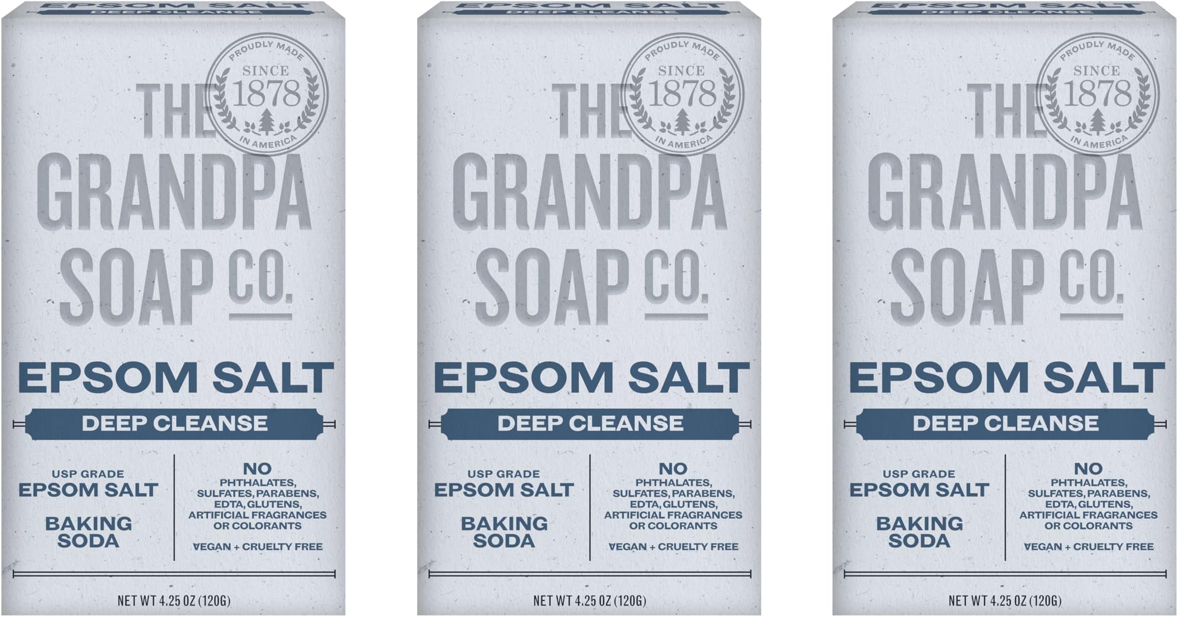 Epsom Salt Bar Soap - Deep Cleansing Soap, Made with Epsom Salt and Baking Soda, Removes Dirt Grease and Grime, Vegan, For Face and Body, 4.25 Oz, 3 Pack