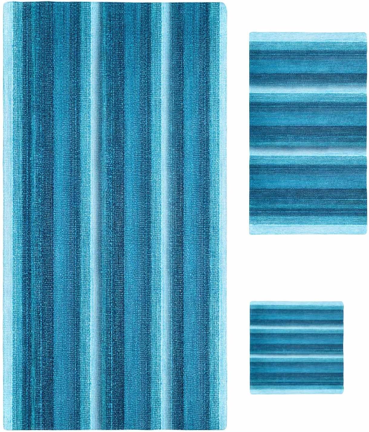 Turquoise Teal Ombre 3 Piece Bath Towels Set, Farmhouse Modern Abstract Striped Soft & Absorbent Towels for Bathroom, Hotel (1 Bath Towel 30x60, 1 Hand Towel 16x28, 1 Washcloth 13x13)