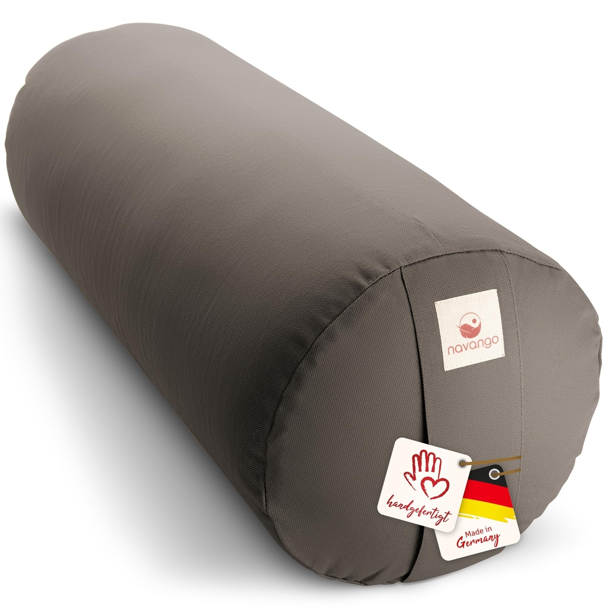 Yoga Bolster – Handmade in Germany, 24cm x 64cm | Yoga Rolle mit praktischem Tragegriff, 100% Dinkelspelz Füllung, Waschbarer Bezug 100% Baumwolle