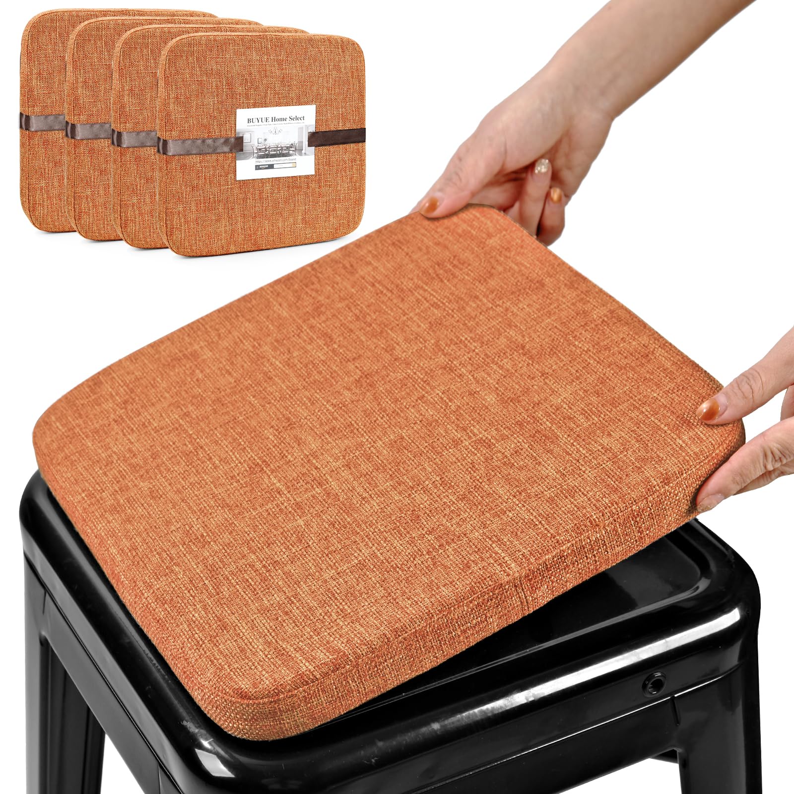 Glattol BUYUE - Juego de 4 cojines magnéticos de lino natural, antideslizantes, transpirables, para asiento de silla pequeña, para café, bistro, apilables, cuadrados, naranja, 4 unidades