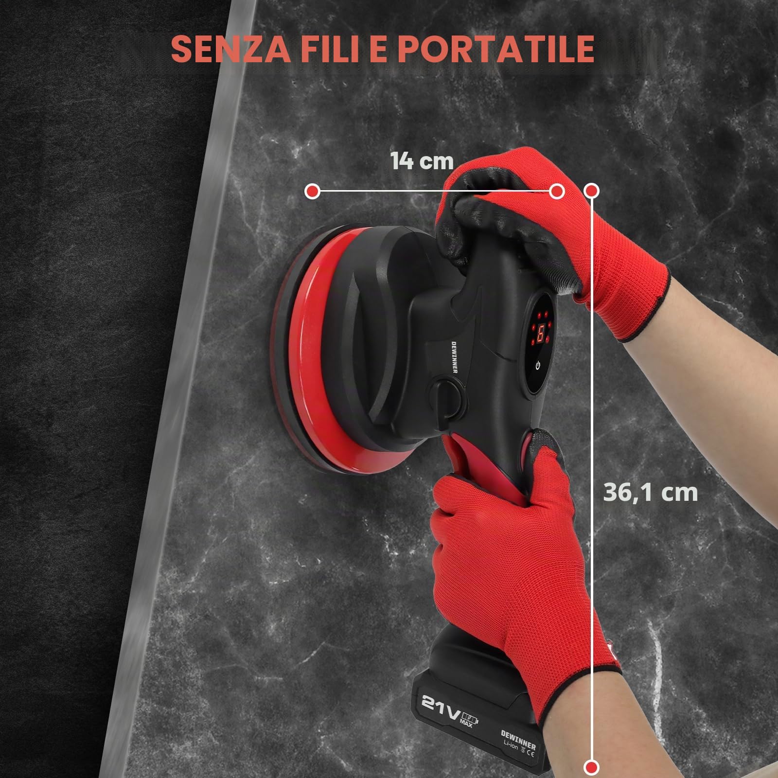 DEWINNER Strumento Di Vibrazione per Piastrelle - Ventosa Da 180 mm, Macchina per Piastrelle Elettrica a 6 Velocità Regolabile, Ventosa Vibrante per Piastrelle Da 0,3 a 2 M, Con 2 Batterie