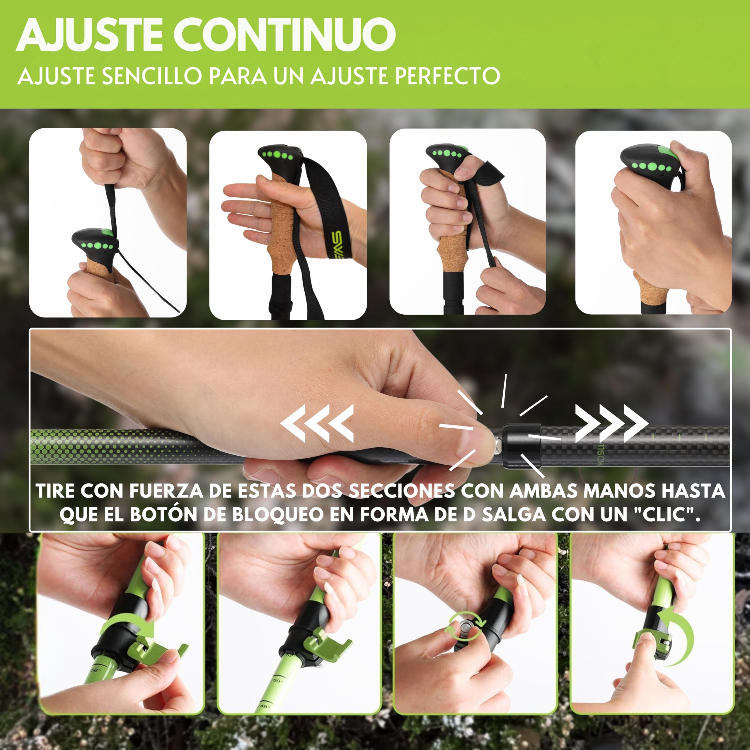 Bastones de Senderismo Plegables (35cm Plegados) - Carbono 3K o Aluminio 7075 - Telescópicos 115-135cm - Ultraligeros & Compactos - Mango de Corcho - Hombre & Mujer