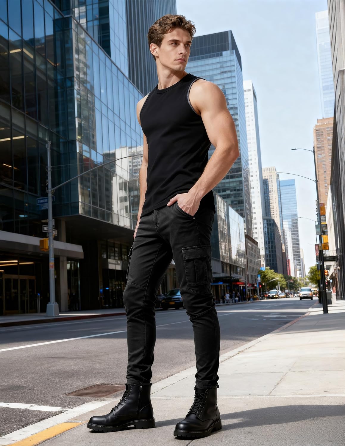 Pantete Cargo Jeans for Men Slim Fit Stretch Straight Leg Pants Skinny Fashion Denim Jeans with Multi Pockets - Image 2