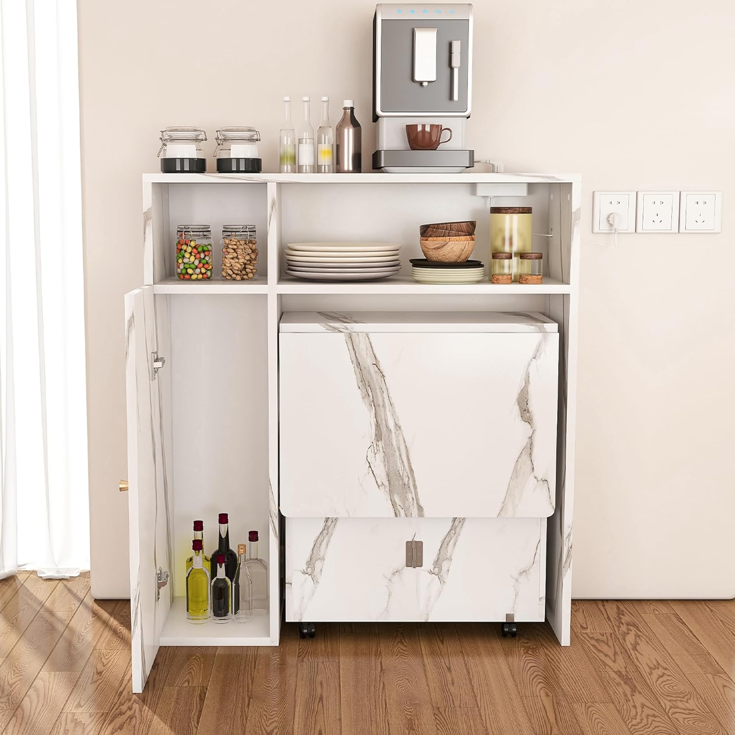 Folding Dining Table with Wall Mounted Sideboard, Expandable Dining Table with Wheels, Entryway Table with Charging Station, Kitchen Table for Small Spaces (White)