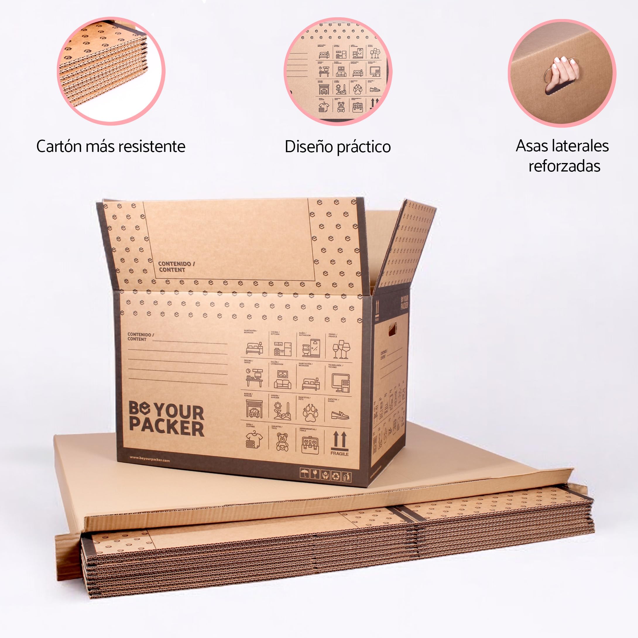 Cajas de Mudanza Pequeñas 43x30x25 cm con Asas, Pack de 50 | Be Your Packer | Cartón resistente fabricado en España. Con asas, ideal para transportar libros, ropa y vajilla. Envío rápido 24h.