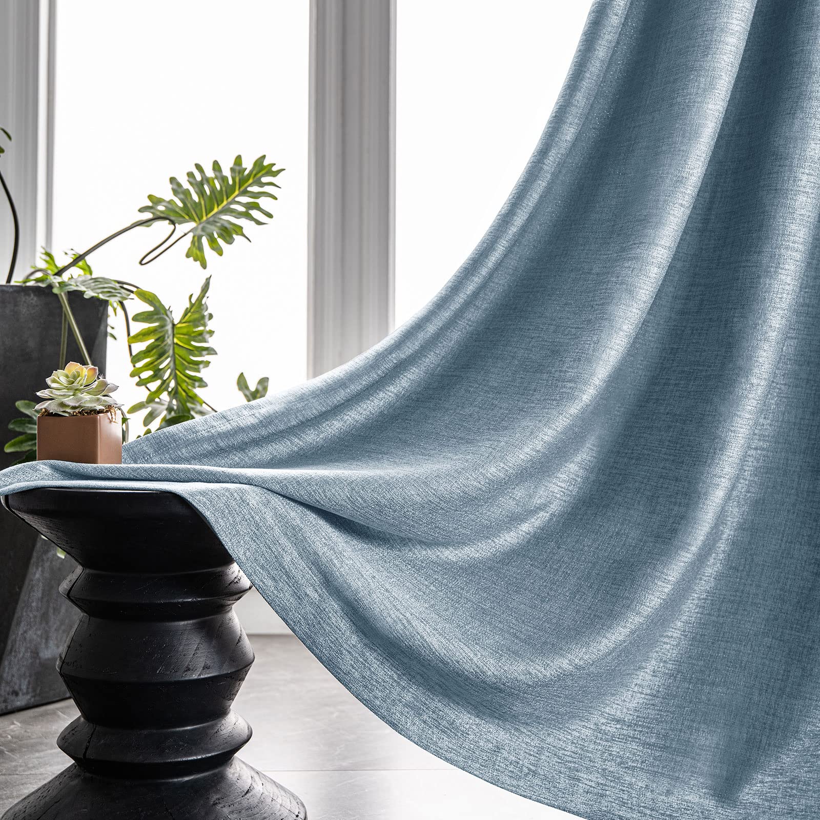 Melodieux Flower Embroidery Linen Blackout Blue Curtains for Living Room Bedroom Grommet Window Drape White Flower - Image 2