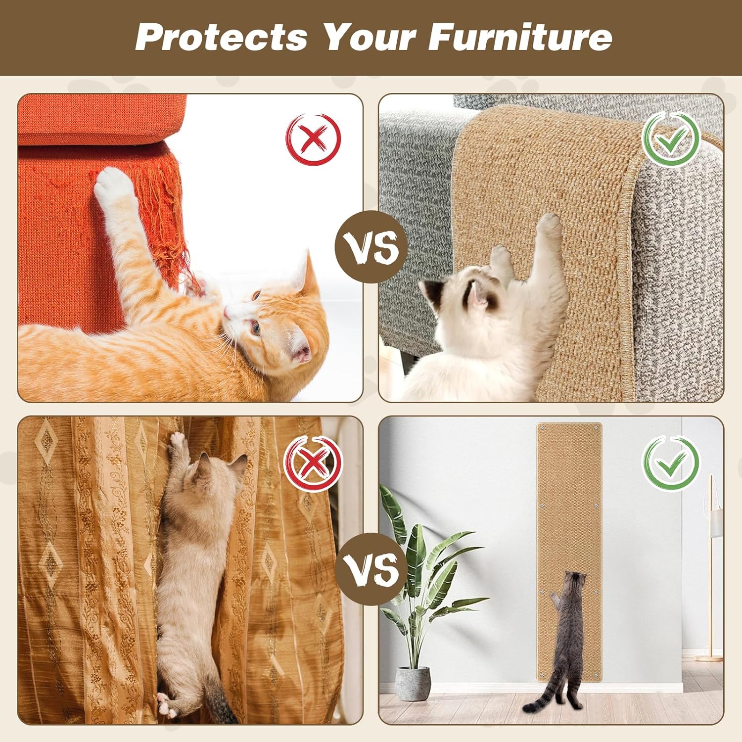 FHTONGE 71x15.8 Thickened Cat Wall Climbing Carpet with 16 Fixed Nails, Extra Large Tall Cat Scratch Pad for Wall, Wall Mounted Climbing Cat Scratcher for Furniture Couch Sofa Protector(Camel)