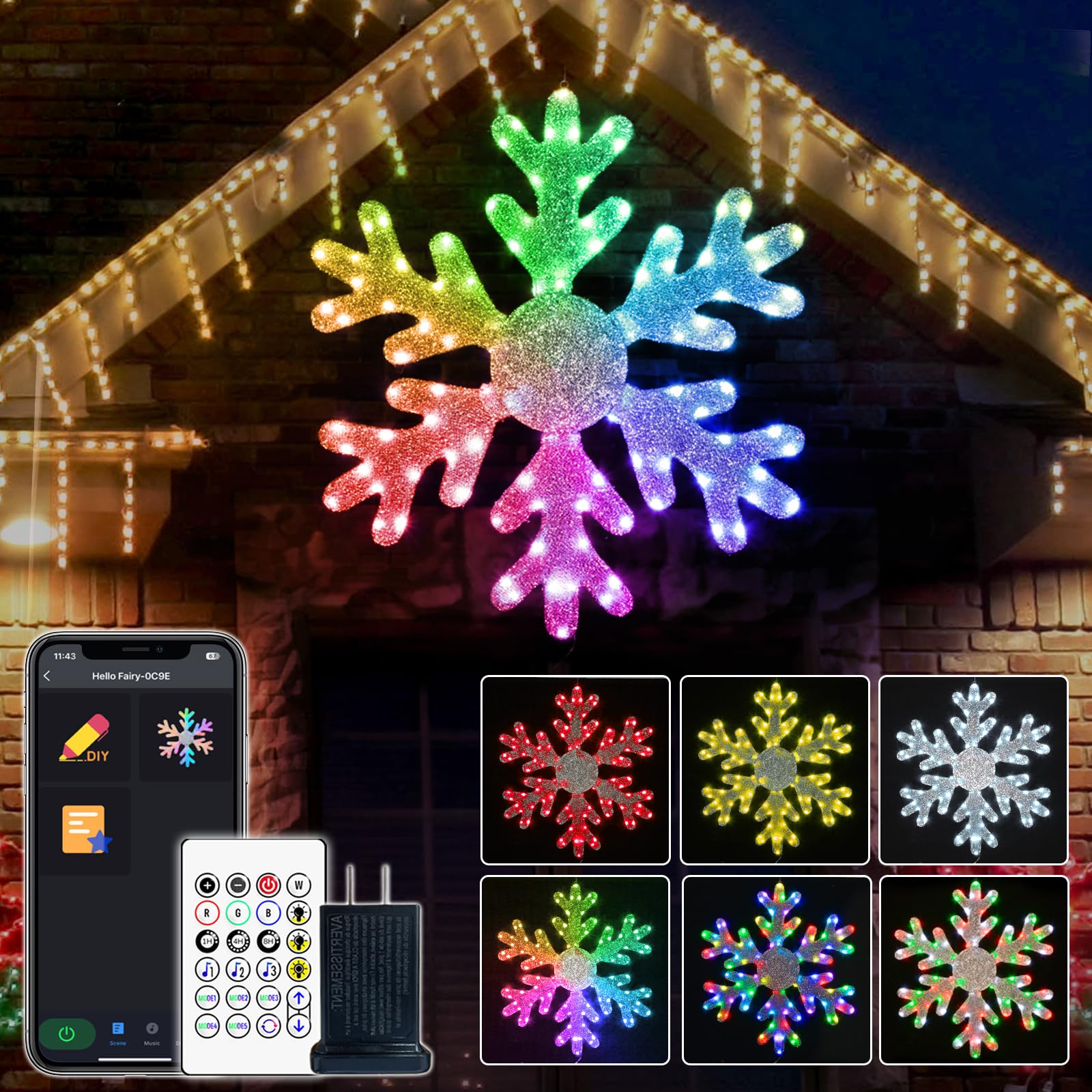 32" Smart Christmas Snowflake Lights Outdoor, DIY Color Changing Big Folding Plug in Window Hanging Lights Music Sync Chasing Effect App Control, Prelit Snowflake Decorations for Outdoor Wall Xmas
