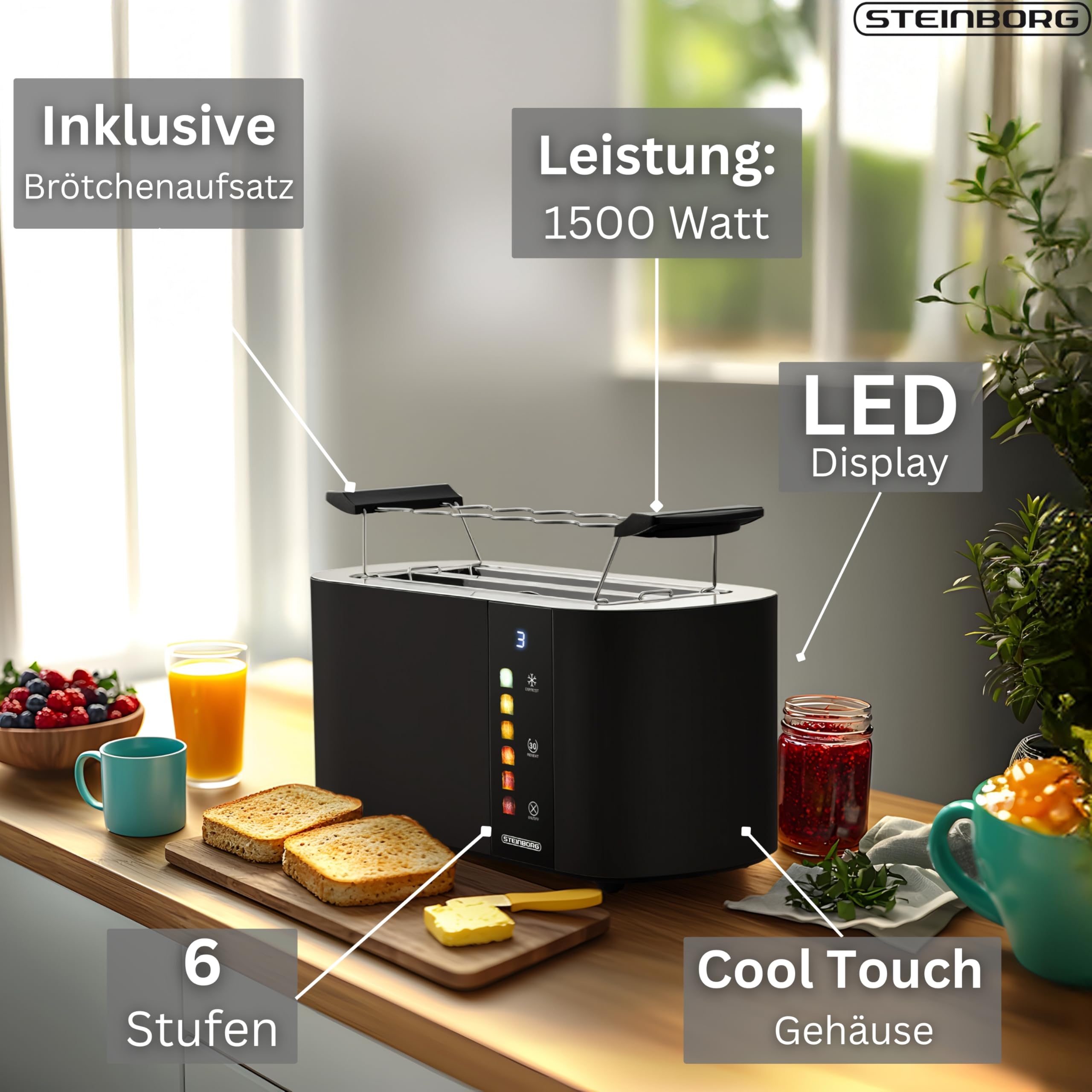 Steinborg® Automatik Toaster 4 Scheiben mit Brötchenaufsatz Langschlitztoaster Automatische Liftfunktion ohne Hebel - Toastautomat Digitales Display Brotzentrierung Restzeitanzeige Abschaltautomatik
