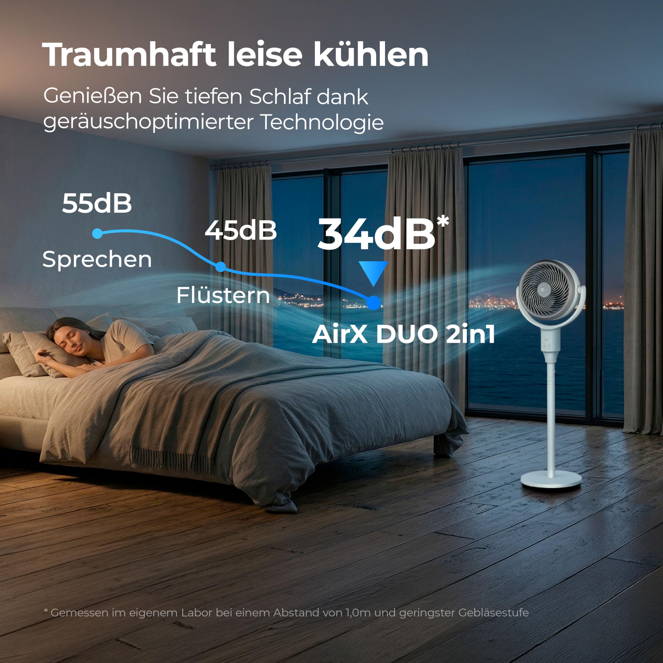 aeco AirX Duo 2in1 Tischventilator & Standventilator mit Fernbedienung | 61-118 cm Höhe | 135° + 85° Omni-Oszillierend | 4 Geschwindigkeit & 6H Timer | Leiser Fan für Schlafzimmer Büro Wohnzimmer