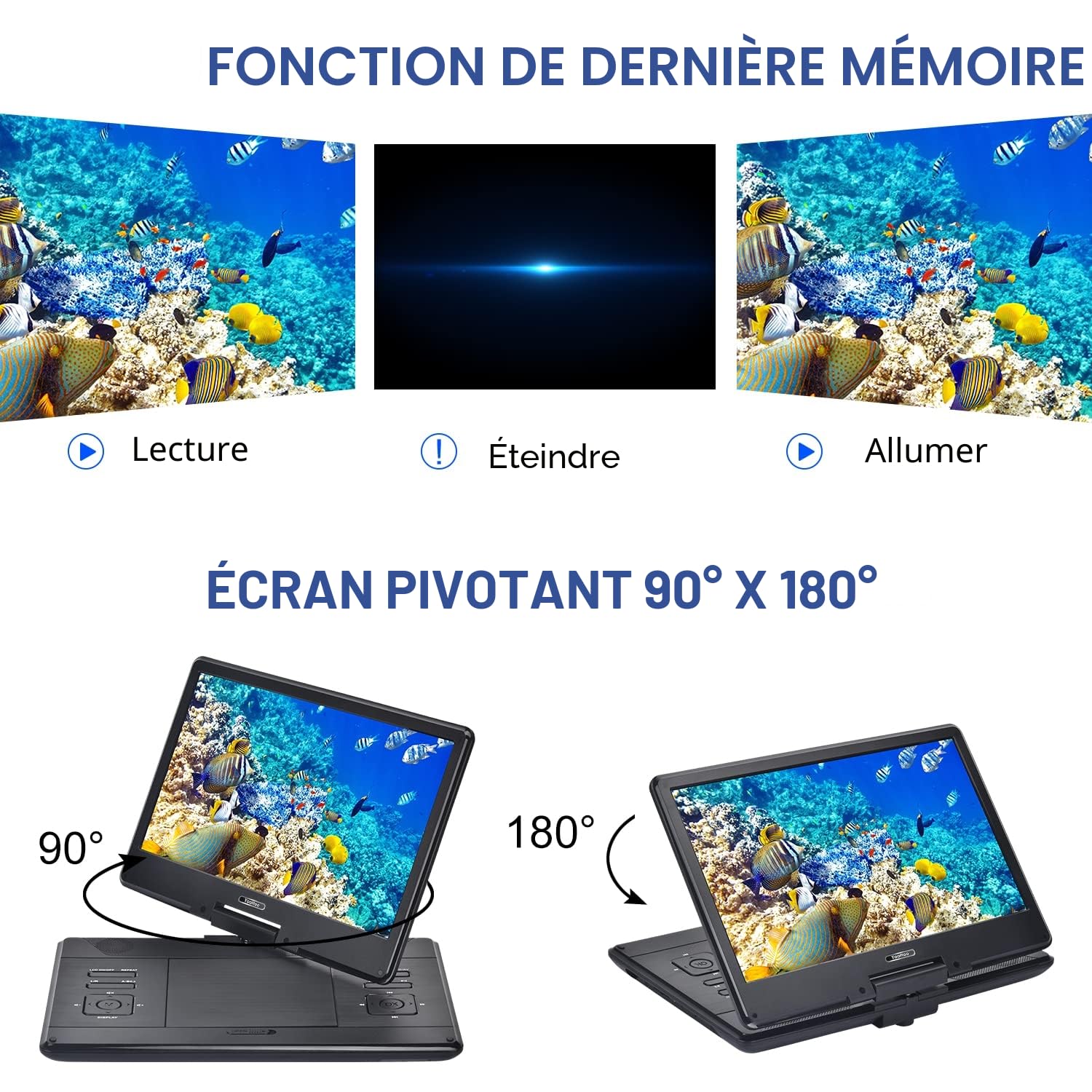 YOOHOO Lecteur DVD portable 16,9" pour voiture avec écran HD 14,0" et batterie rechargeable