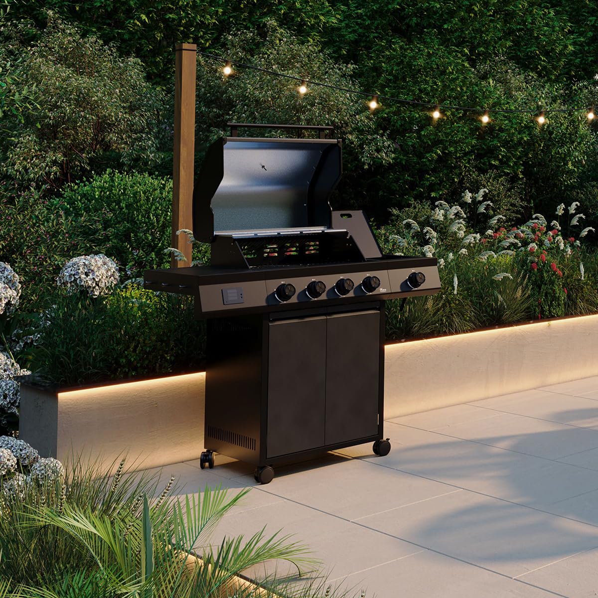 CHARLES BENTLEY ottimo Pro 380 4-Burner Gas BBQ With Infrared Side Burner, Digital Thermometer, Cast-Iron Cooking Grids, Flat Grill Plate, Matt-Grey Double-Layer Lid & Storage Cabinet (123x58x119cm)