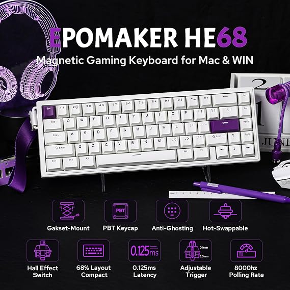 EPOMAKER HE68 Hall Effect Keyboard, 8000hz Polling, 0.01mm Adjustable Trigger, 0.125ms Latency, Creamy Gasket, Snap Key, SOCD, RGB, Wired Magnetic Gaming Keyboard for Mac/PC (White)