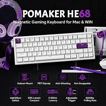 EPOMAKER HE68 Hall Effect Keyboard, 8000hz Polling, 0.01mm Adjustable Trigger, 0.125ms Latency, Creamy Gasket, Snap Key, SOCD, RGB, Wired Magnetic Gaming Keyboard for Mac/PC (White)