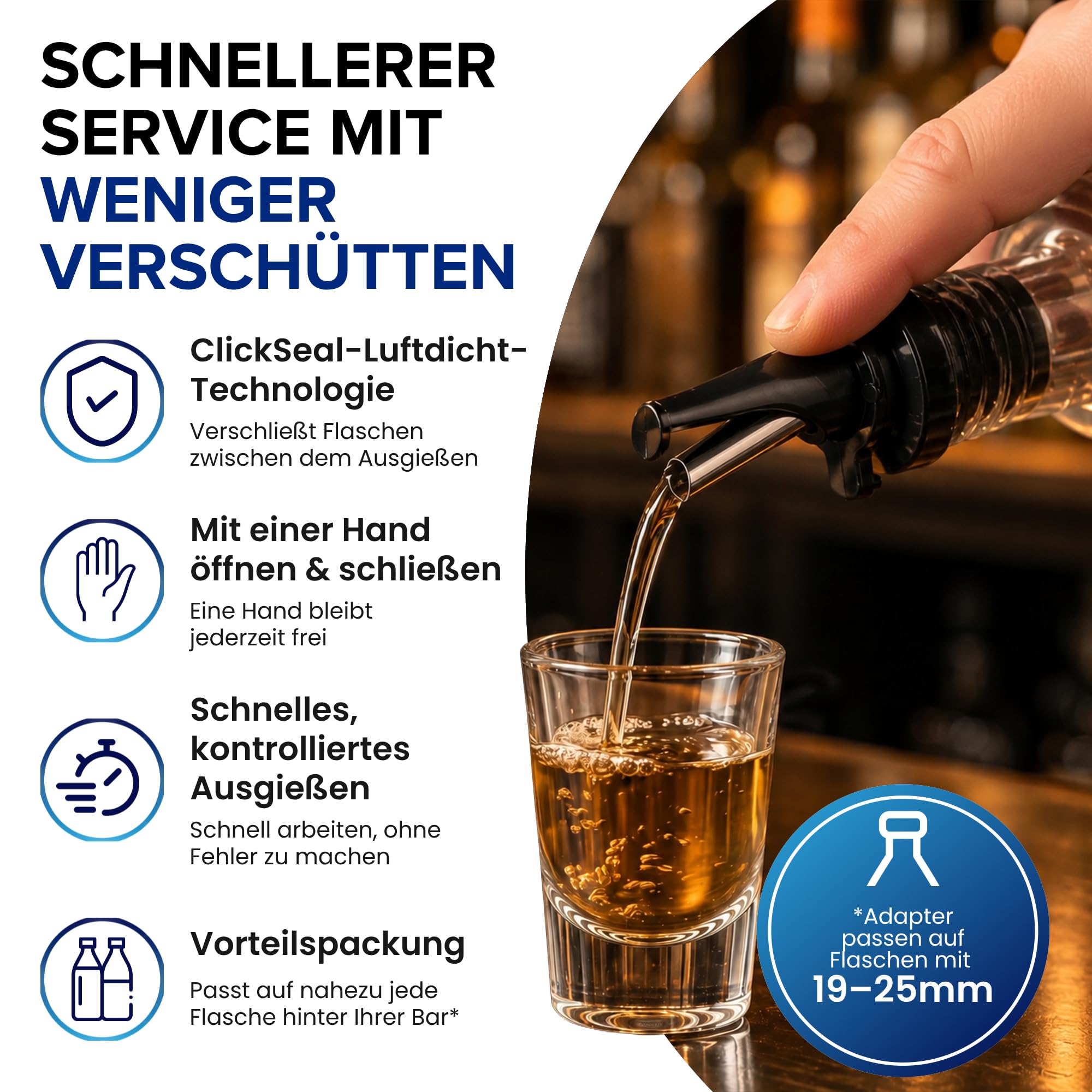 Poura Ausgießer für Spirituosen oder Olivenöl - Spülmaschinenfeste Flaschenausgießer mit Luftdichten Kappen. Edelstahl Schnapsausgießer | Ölausgießer - Silver Ausgiesser 2 Pack mit 2 Adaptern