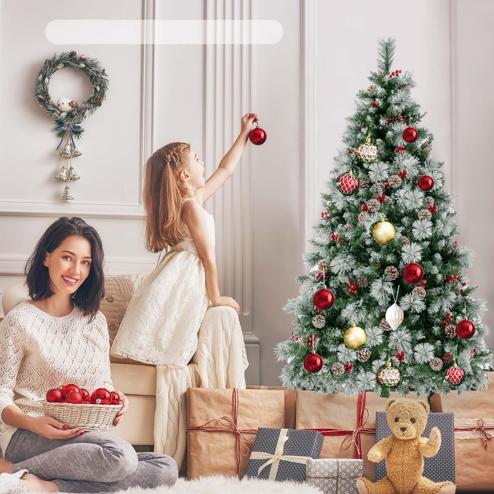LIFEZEAL Sapin de Noël Artificiel de 180 cm/210 cm, recouvert de Neige, avec Pointes de Branches et Aiguilles de pin, Arbre Festif Lumineux avec Support, pour décoration de Noël (Vert+Blanc, 180cm)