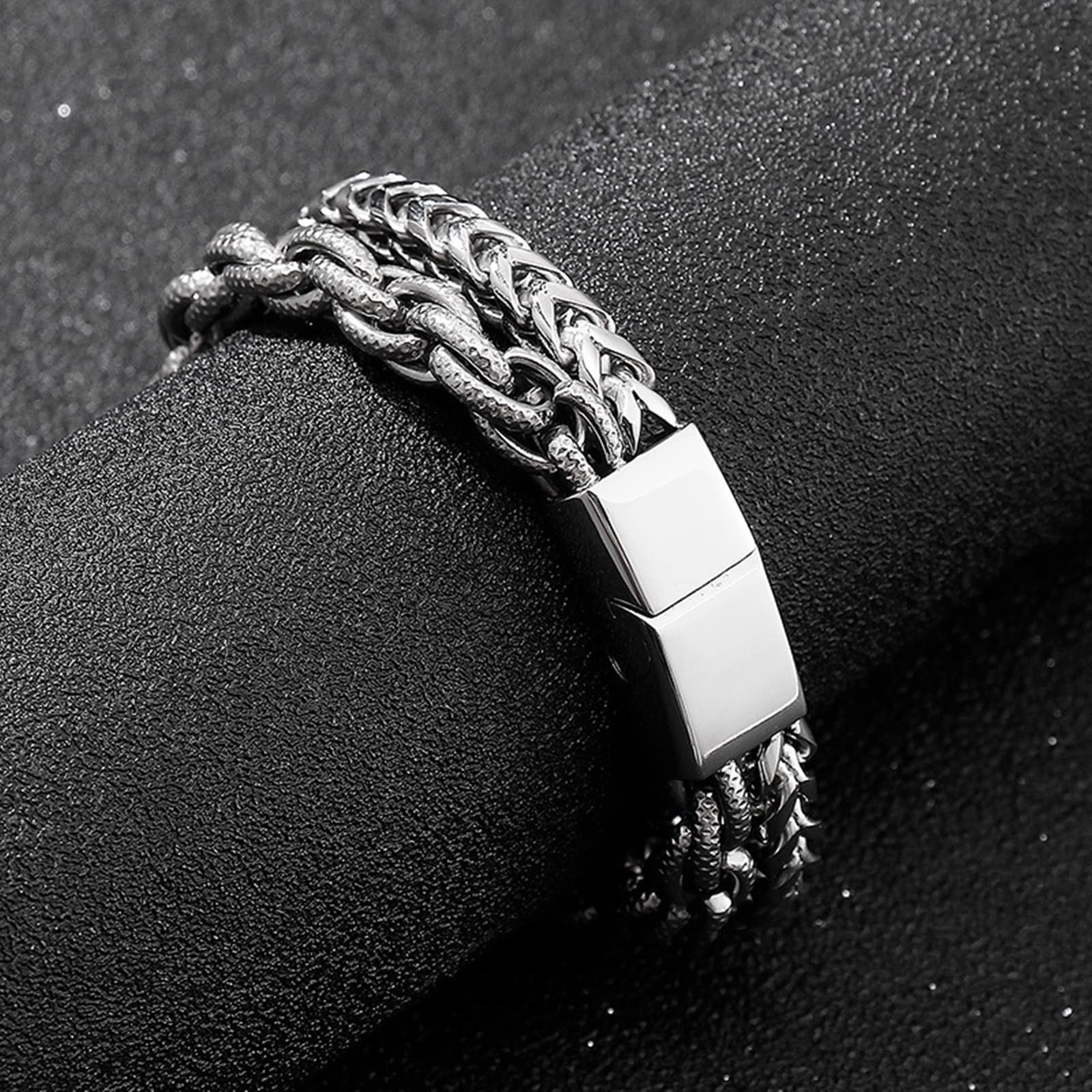 Bijoux Bracelet Homme Argent， Bracelet Cuir Homme Double Boucle Tressée Et Noeud Acier Inoxydable Bracelet 190X13mm