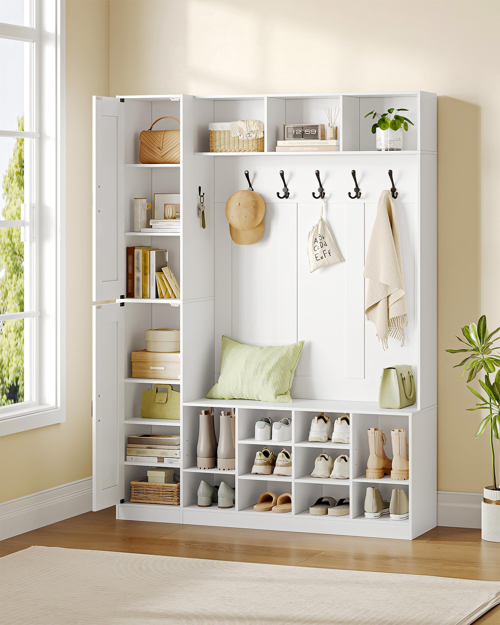 Hzuaneri Garderobenständer mit Sitzbank, Garderobe mit Seitlichem Stauschrank, 20 Fächer, Verstellbarer Regalboden, 6 Haken, Freistehender Kleiderständer für Flur, 36 x 130 x 186 cm, Weiß 7230103X