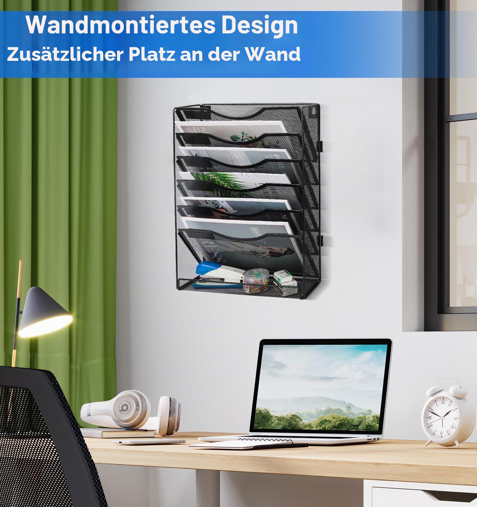TQVAI Schreibtisch Organizer, 7 Fächer Zeitschriftenhalter Wand Metall Dokumenten Organizer A4 Papier Ablage Postsortierer für Büro Zuhause Schule, Schwarz