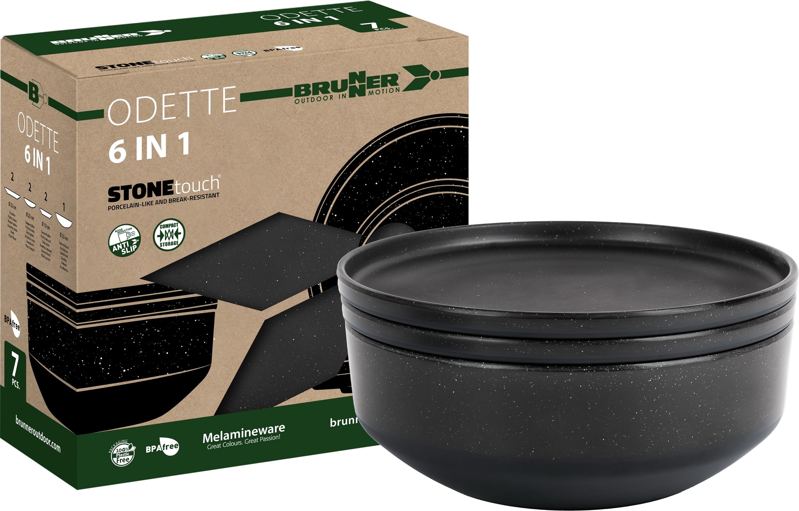 Brunner Odette Stonetouch Melamine Caravan Dinner Set, Anti Slip Outdoor Tableware Set, Lightweight Break Resistant Plates Bowls & Mugs - Motorhome, Campervan (Odette Double Black, 6 in 1 Set)