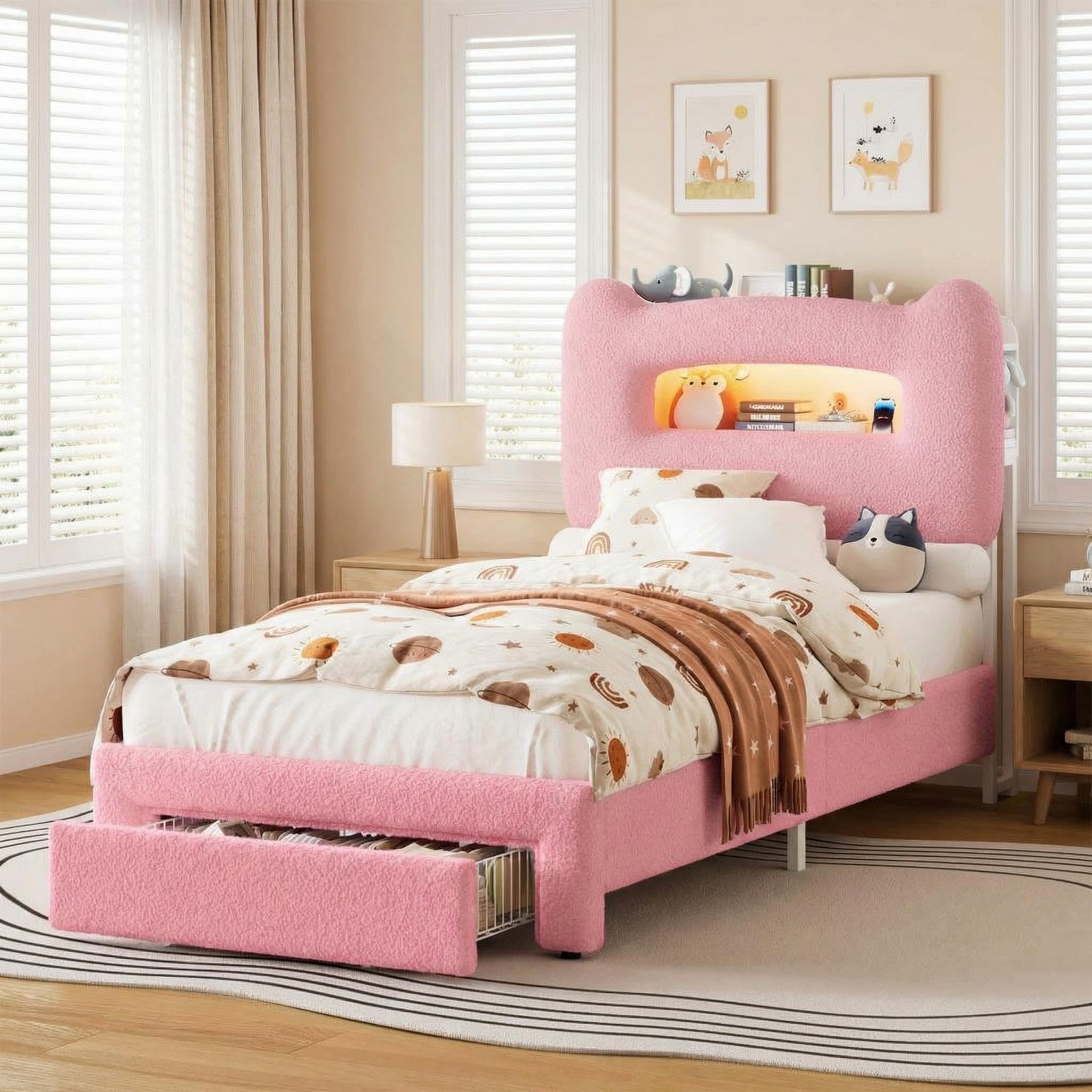 Takywep Twin Size Bed Frame with Drawer, Upholstered Bed Frame with Storage Headboard, RGB LED Lights & Charging Station, Heavy Duty Wood Slats, No