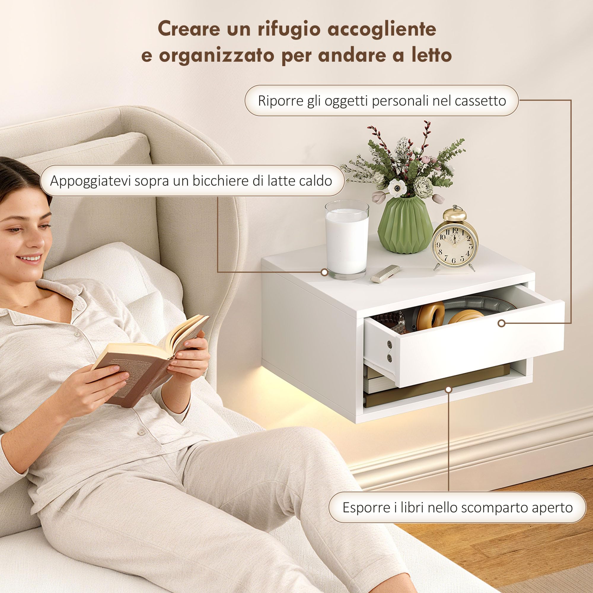 HOMCOM Set di 2 Comodini Camera da Letto Sospesi, Bianco | Coppia di Comodini Moderni, Luci LED RGB Integrate, Regolabili Tramite APP, Cassetto, Ripiano, 37x32x21 cm