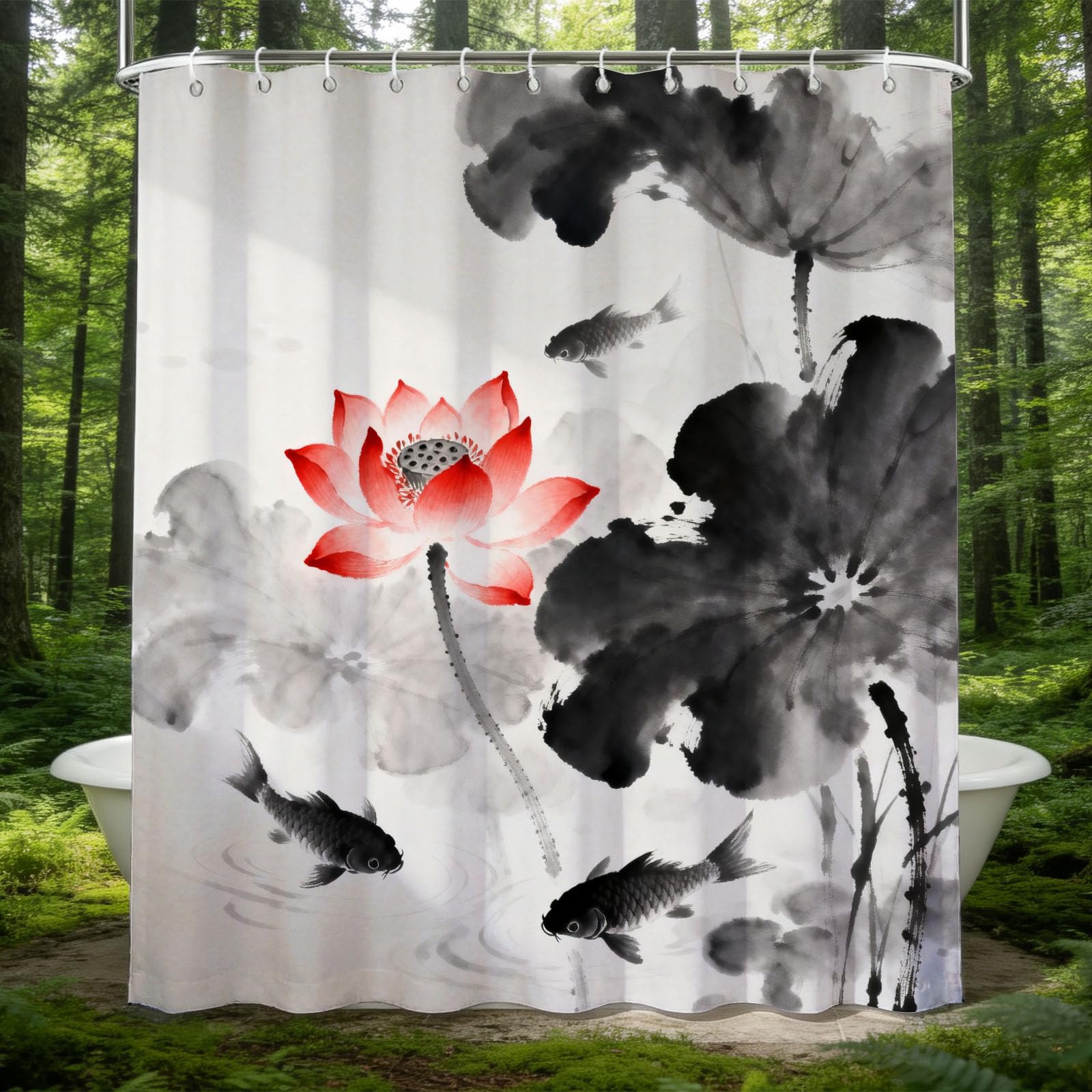 Hongduo White 3D Chinese Painting Shower Curtain For Stalls Bathtubs Koi Carp Bathroom Decor Shower Curtain Set Polyester Fabric Waterproof 180X180cm/71X71 Inch With Hooks