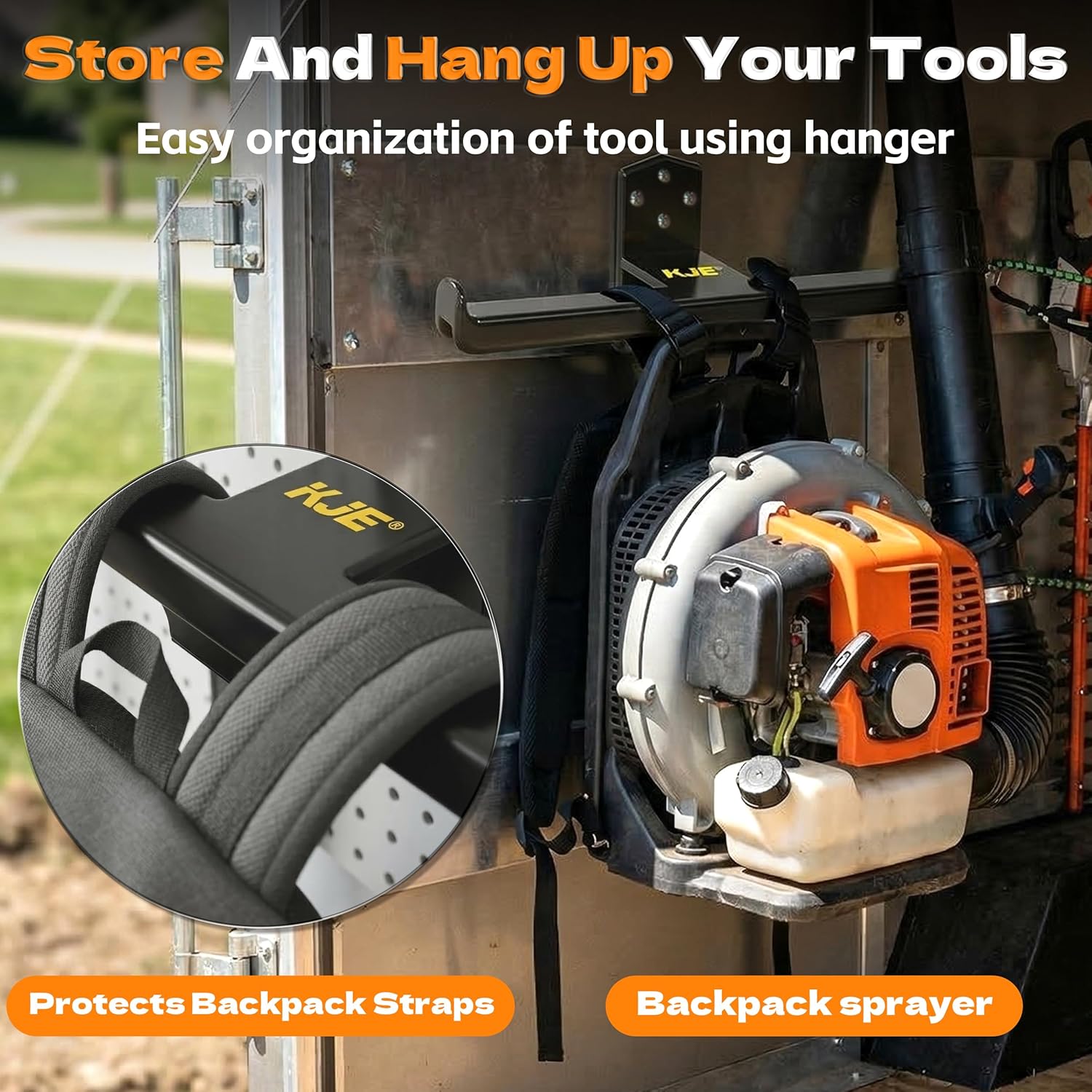 KJE 2 Pack Backpack Leaf Blower Rack Hanger - Heavy Duty Wall Mount Garage Storage Organizer with Tube Hook, for Backpack Sprayer, Chainsaw Stand,Steel Construction with Protective Coating
