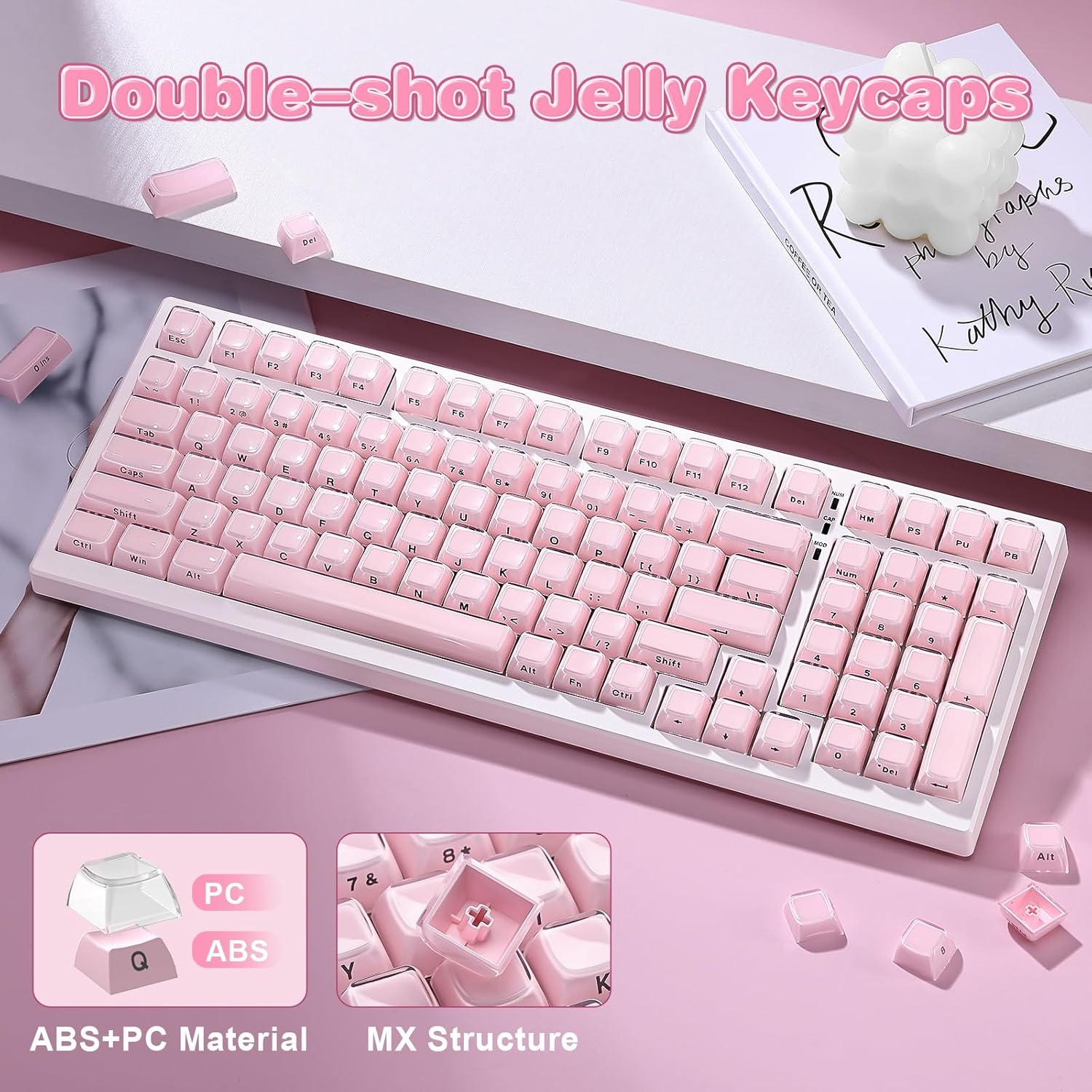YUNZII Jelly PBT Keycap Set,113 Keys Custom Keycap with Keycap Puller,Laser Etching OEM Profile Keycap Compatible with 65% 75% 96% Full Size for Cherry Gateron MX Switches Mechanical Keyboard (Pink)
