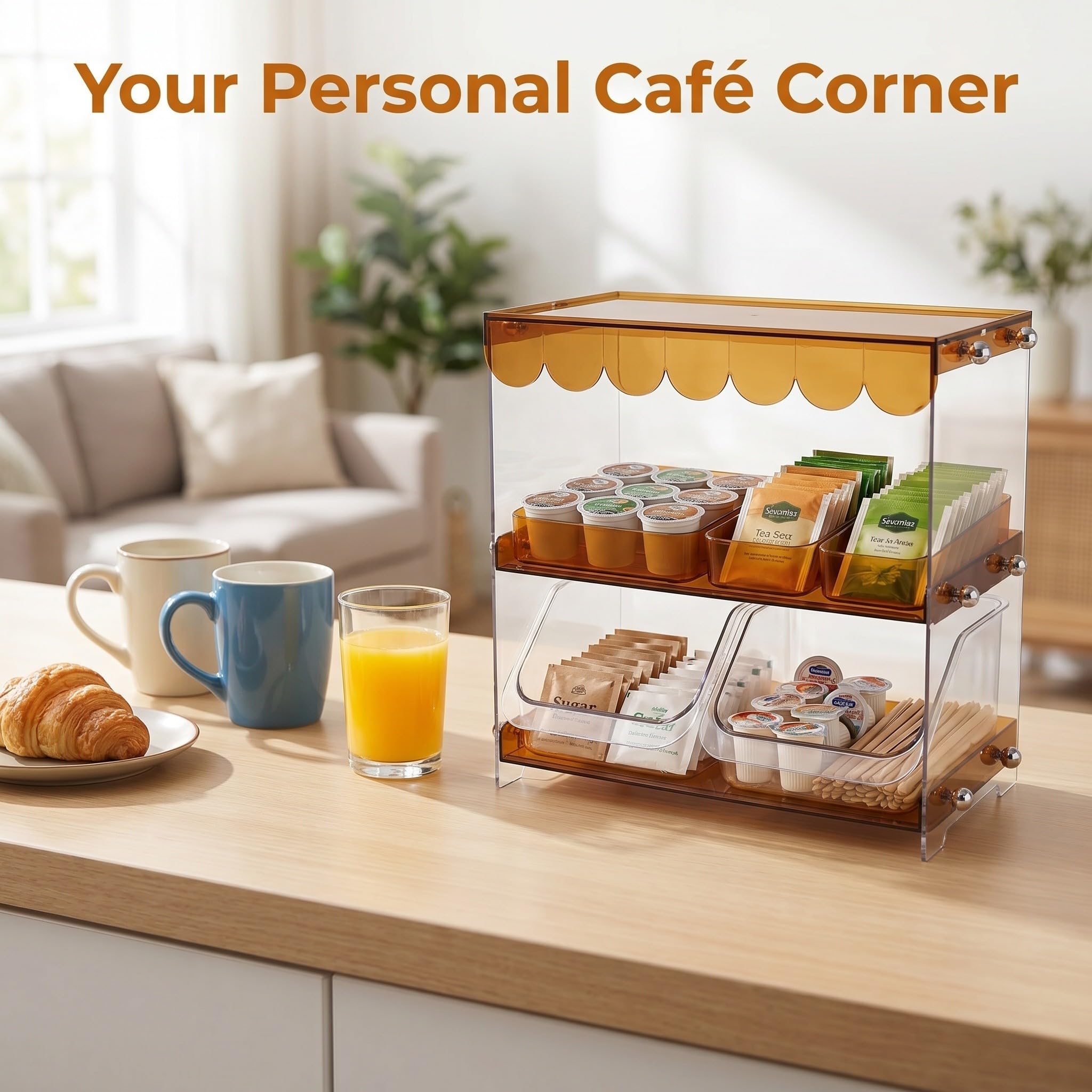 OUNONA Caja Organizadora Material Pet con Diseño Ahorrador de Espacio 2 Niveles con Cajón Extraíble y Compartimentos Múltiples para Bolsas de Té para Cocina u Oficina