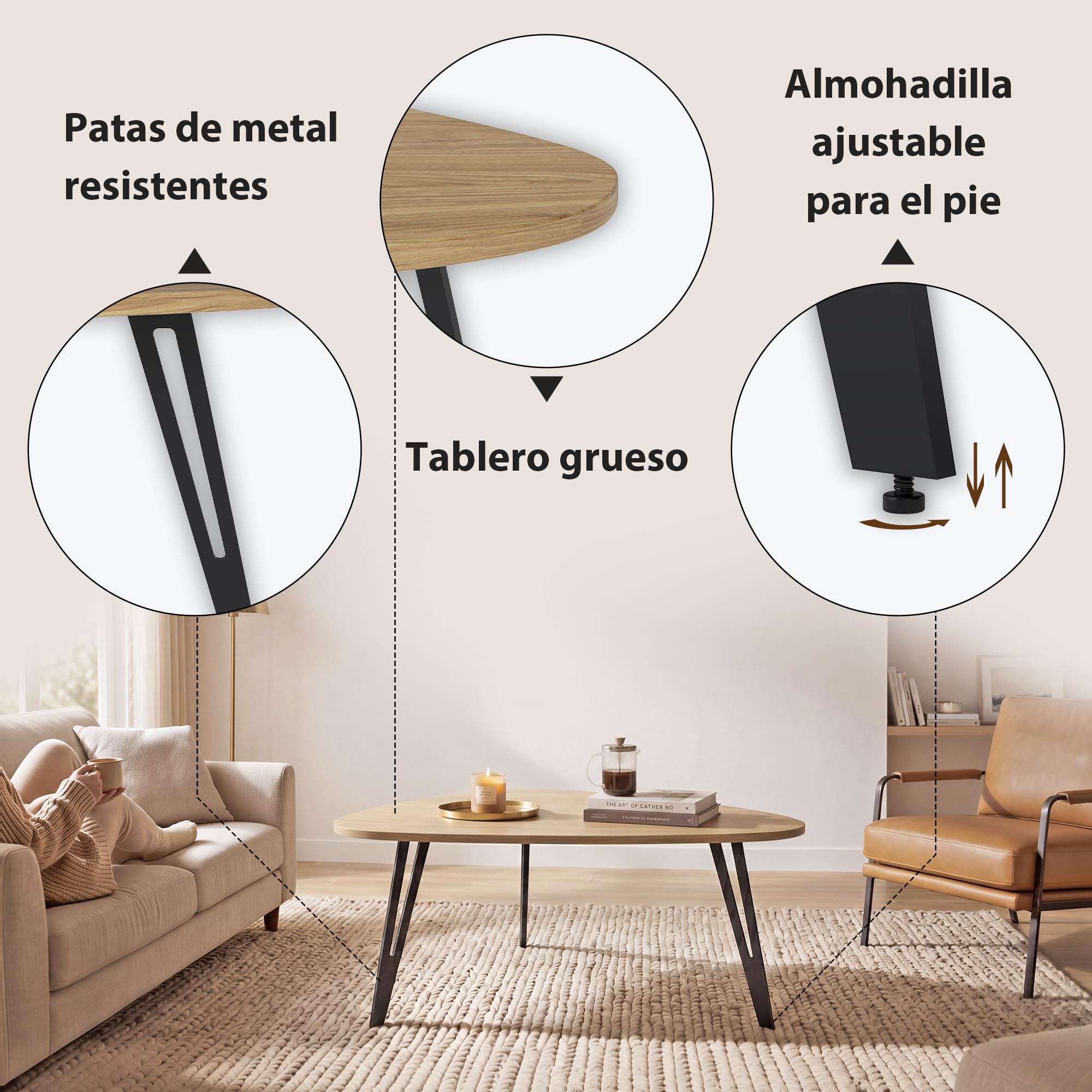 Manora Mesa de Centro Ovalada, Mesa Centro Salón con Metal Patas, Mesa Baja Salón para Salón, Dormitorio y Oficina, 85 x 52 x 43cm, Roble (Roble)