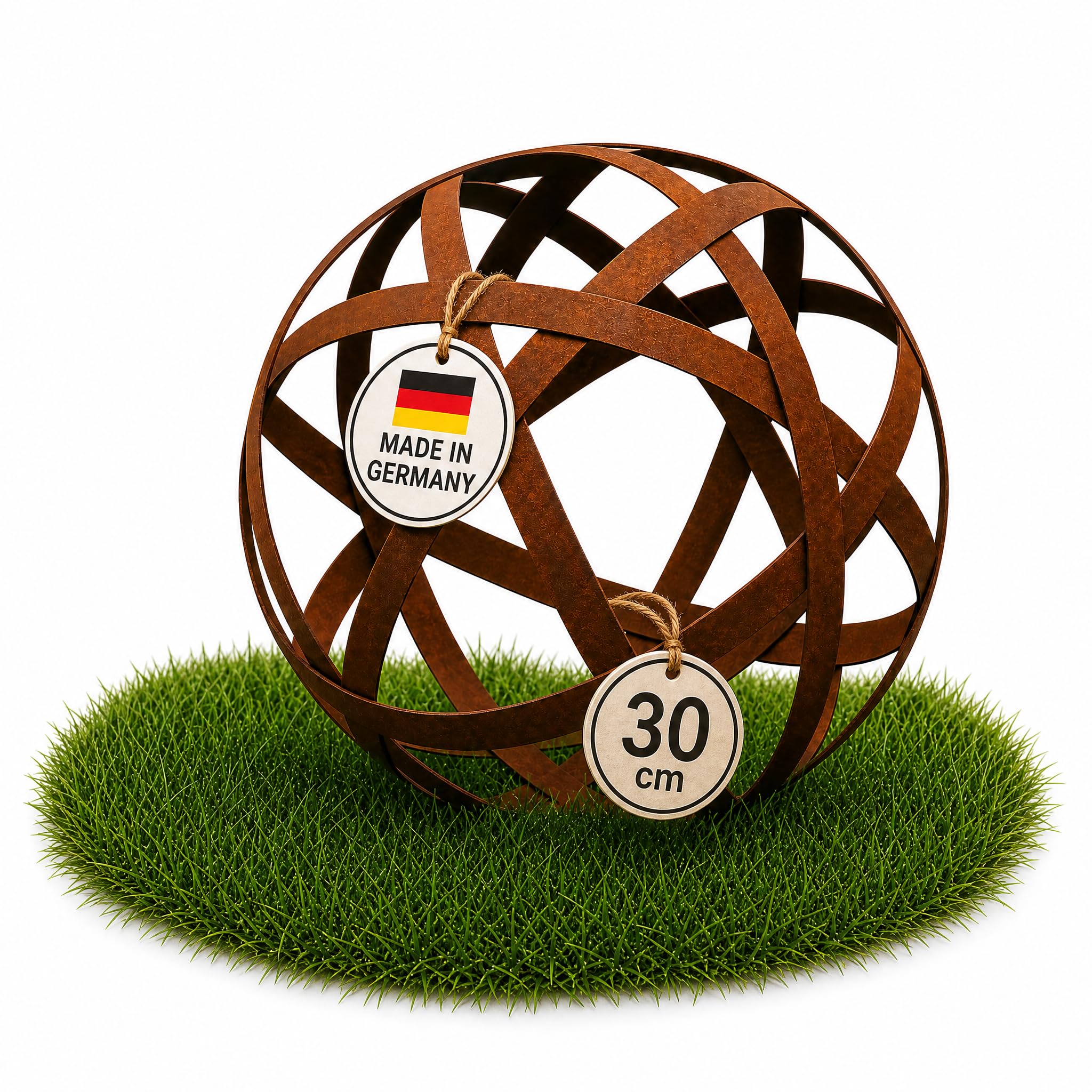 Gartendeko für draußen wetterfest – Rostdeko Kugel aus Metall in Edelrostoptik, offenes Streifen-Design, Ø 30 cm, Gartenkugel für Garten, Terrasse & Balkon